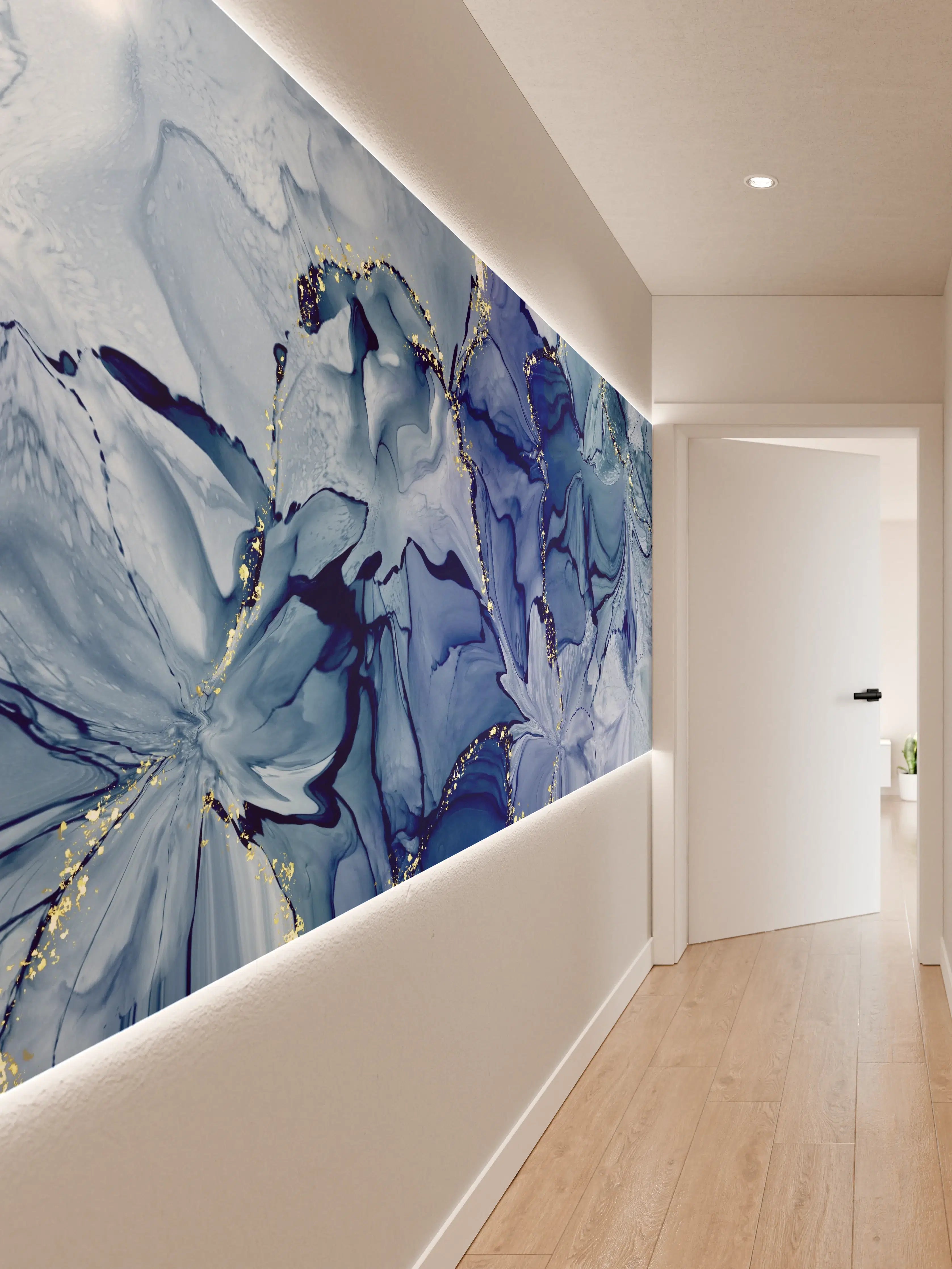 Wandverkleidung Flur - Maritime Blüten in Blau mit Goldakzenten