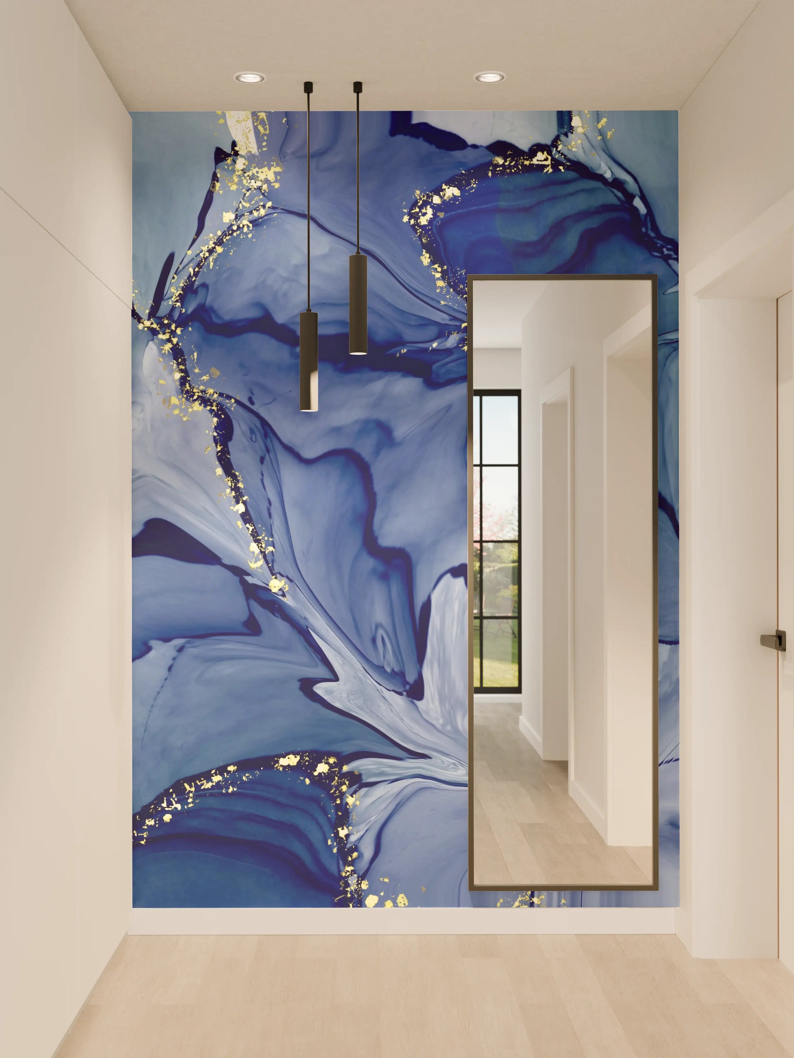 Wandverkleidung Flur - Maritime Blüten in Blau mit Goldakzenten