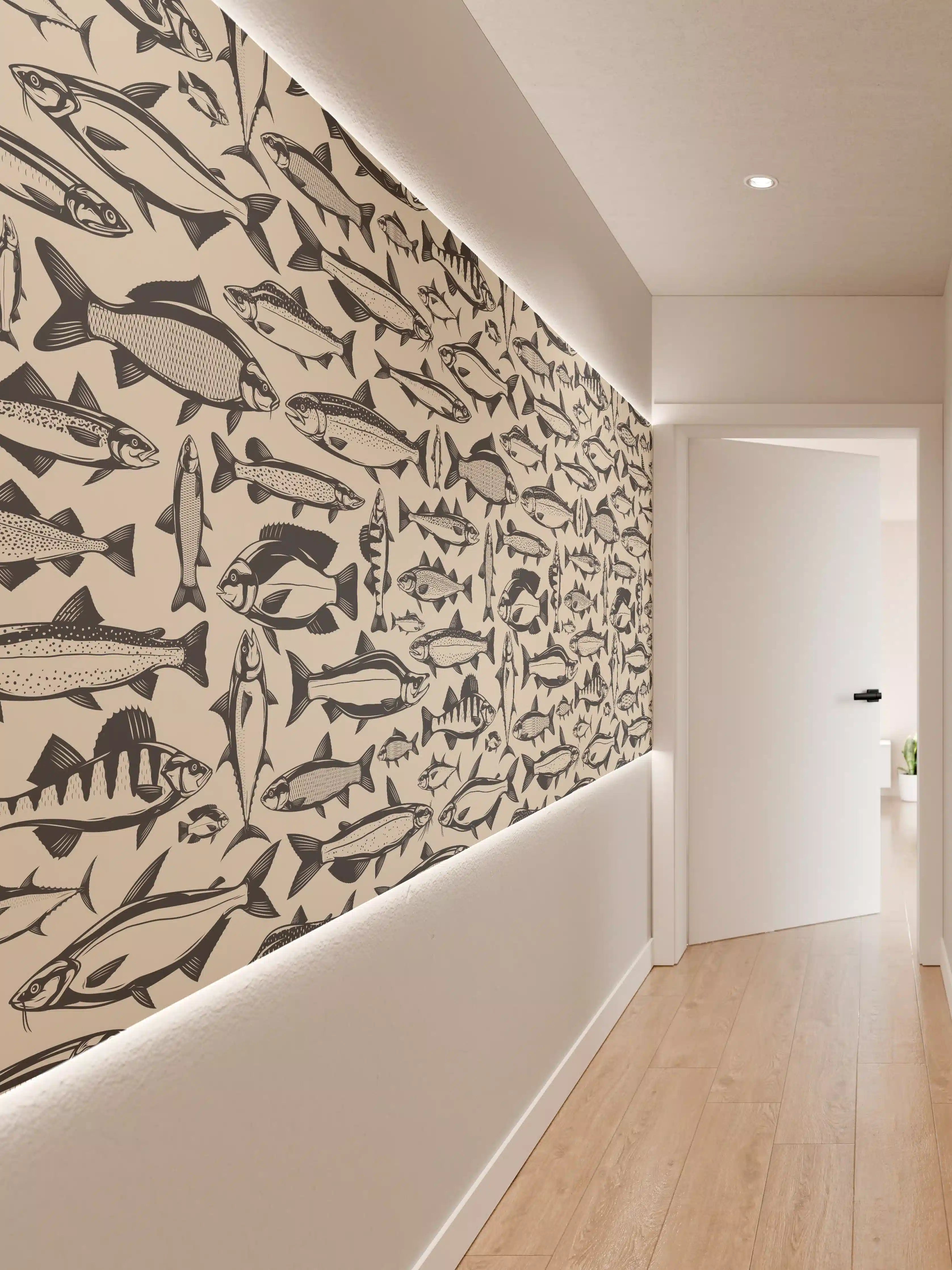 Wandverkleidung Flur - Maritimes Fischmuster Beige-Blau