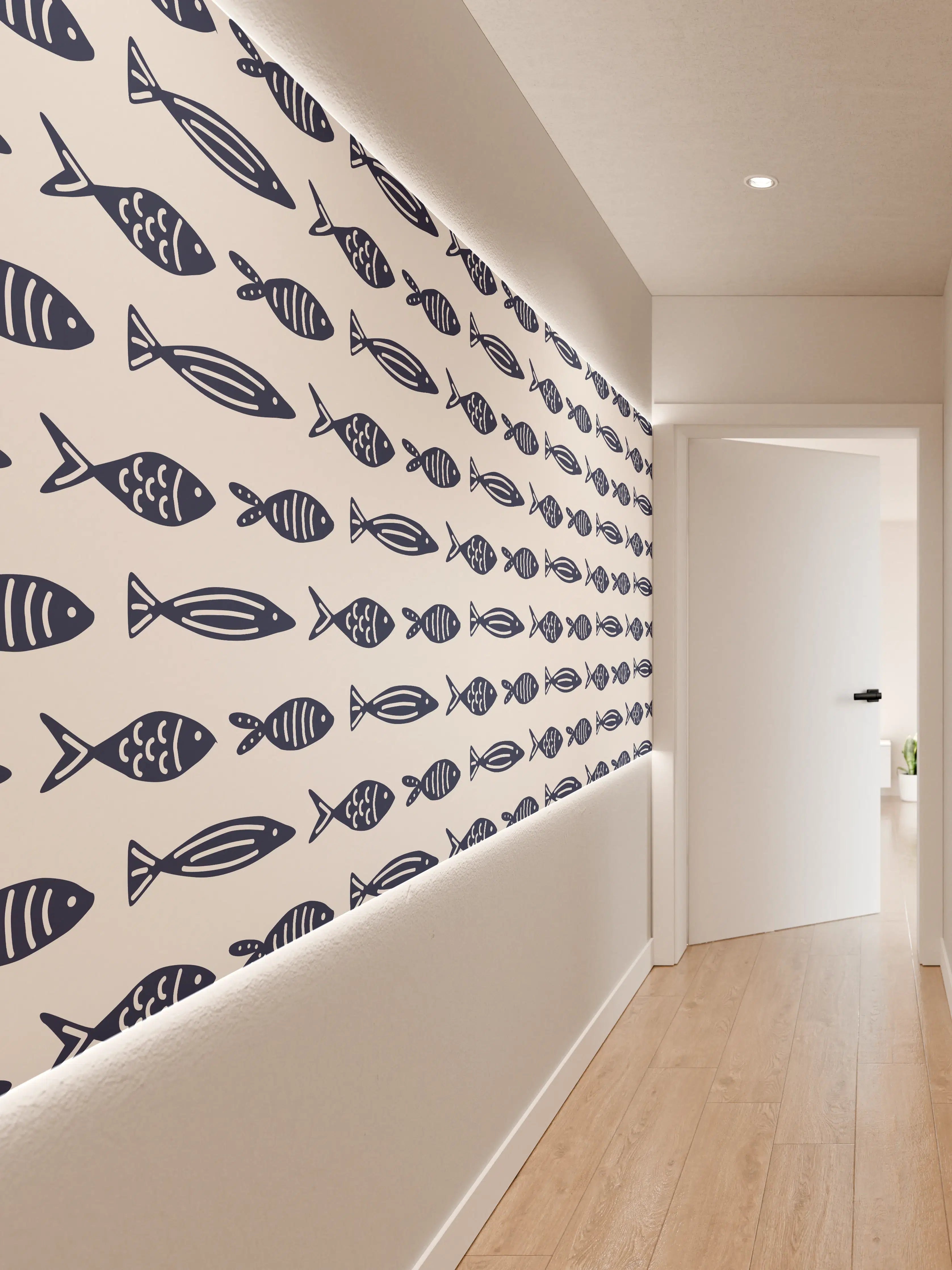 Wandverkleidung Flur - Minimalistische Fische Blau-Weiß