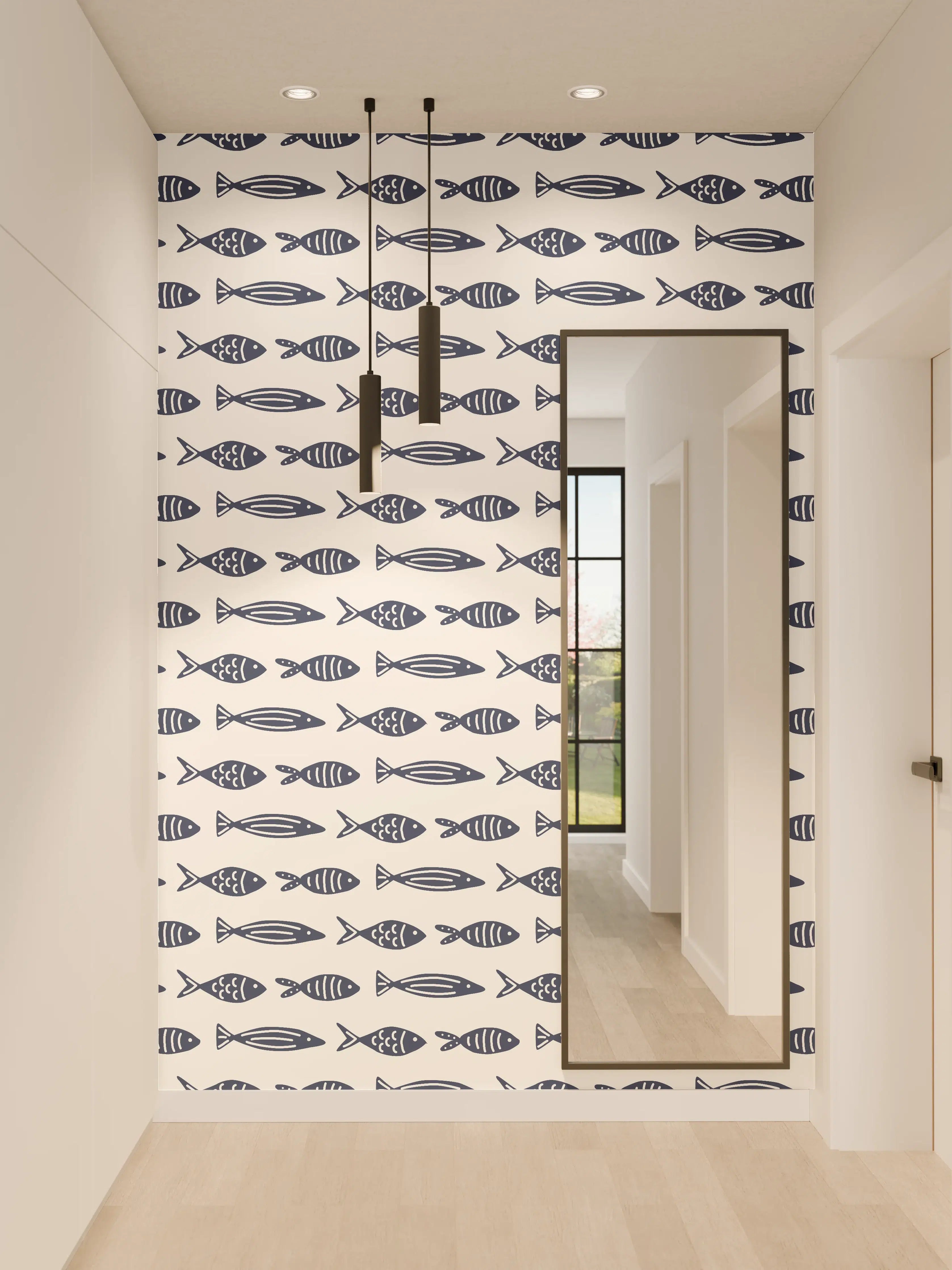 Wandverkleidung Flur - Minimalistische Fische Blau-Weiß