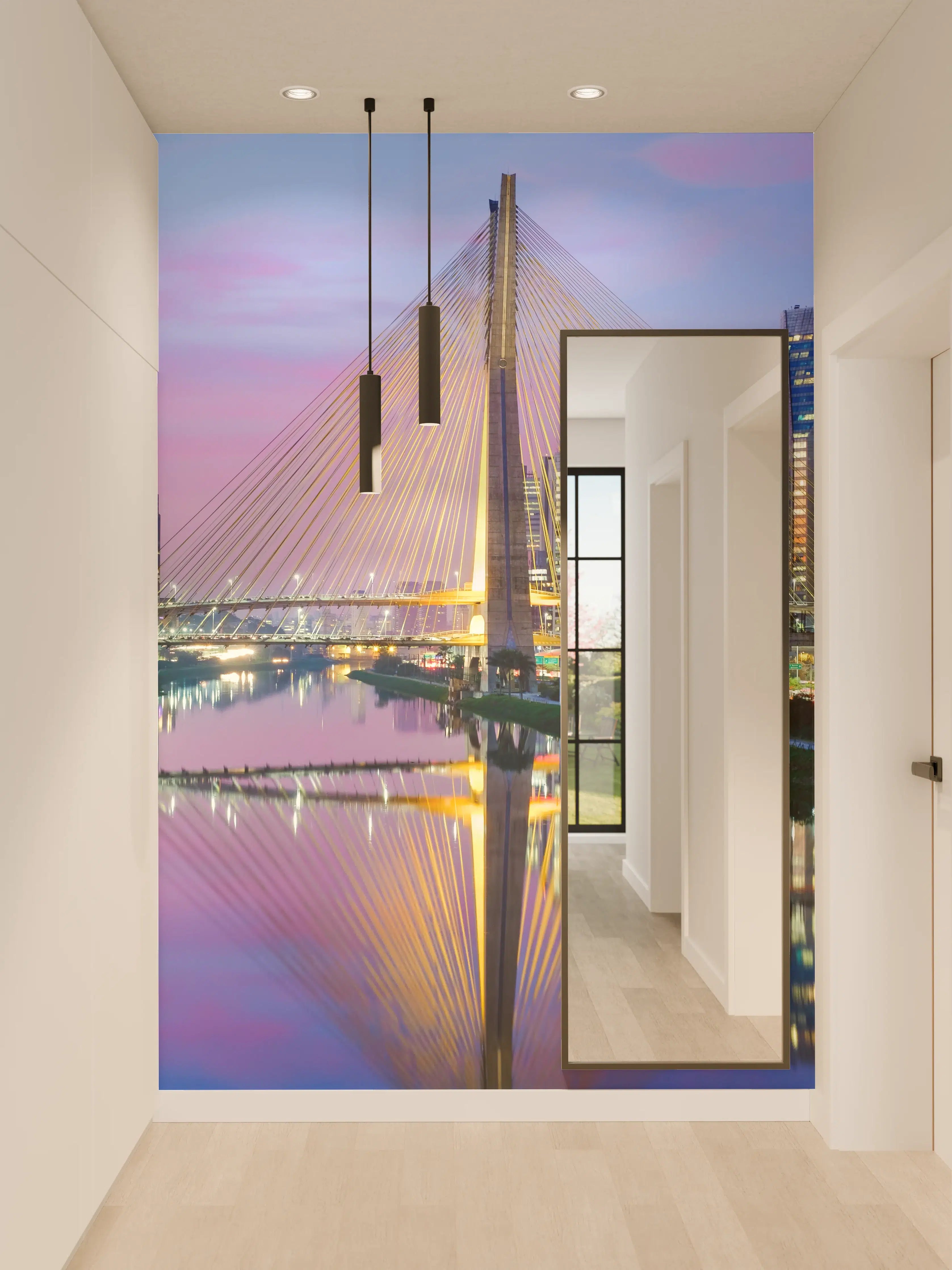 Wandverkleidung Flur - Moderne Stadtsilhouette bei Sonnenuntergang