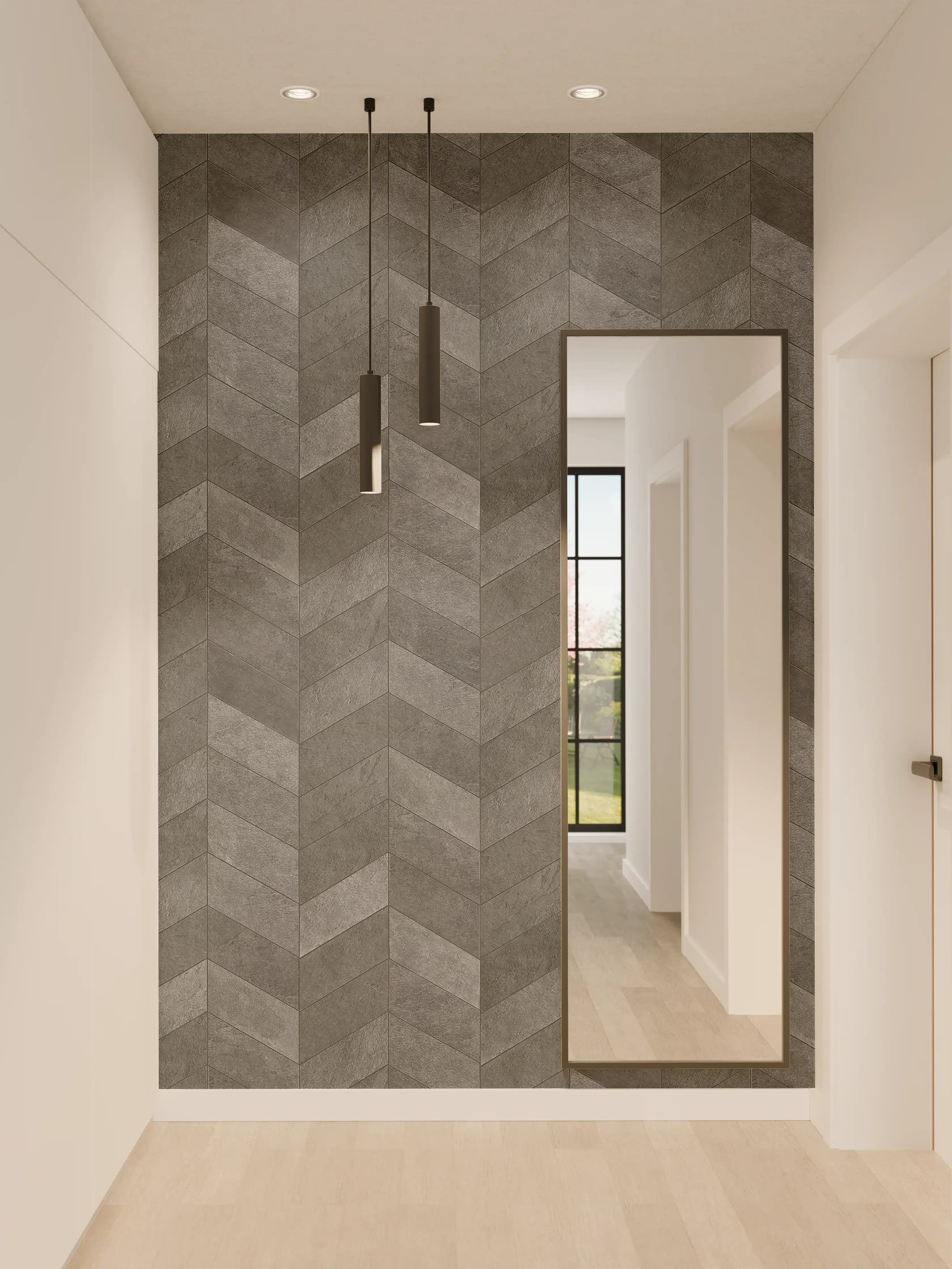 Wandverkleidung Flur - Moderne dunkle Fliesen mit Chevron-Muster