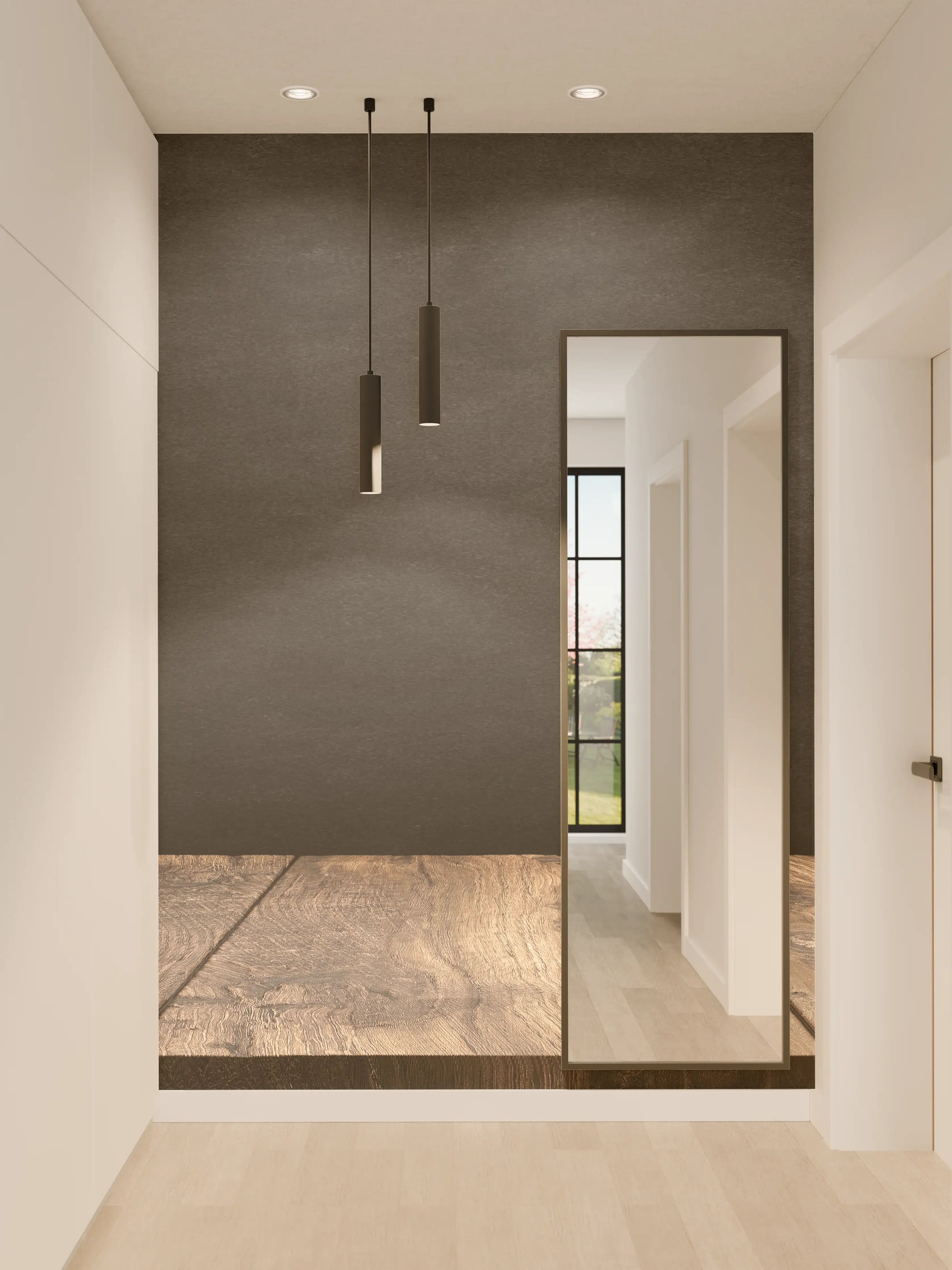 Wandverkleidung Flur - Modernes Holzregal vor grauer Wand