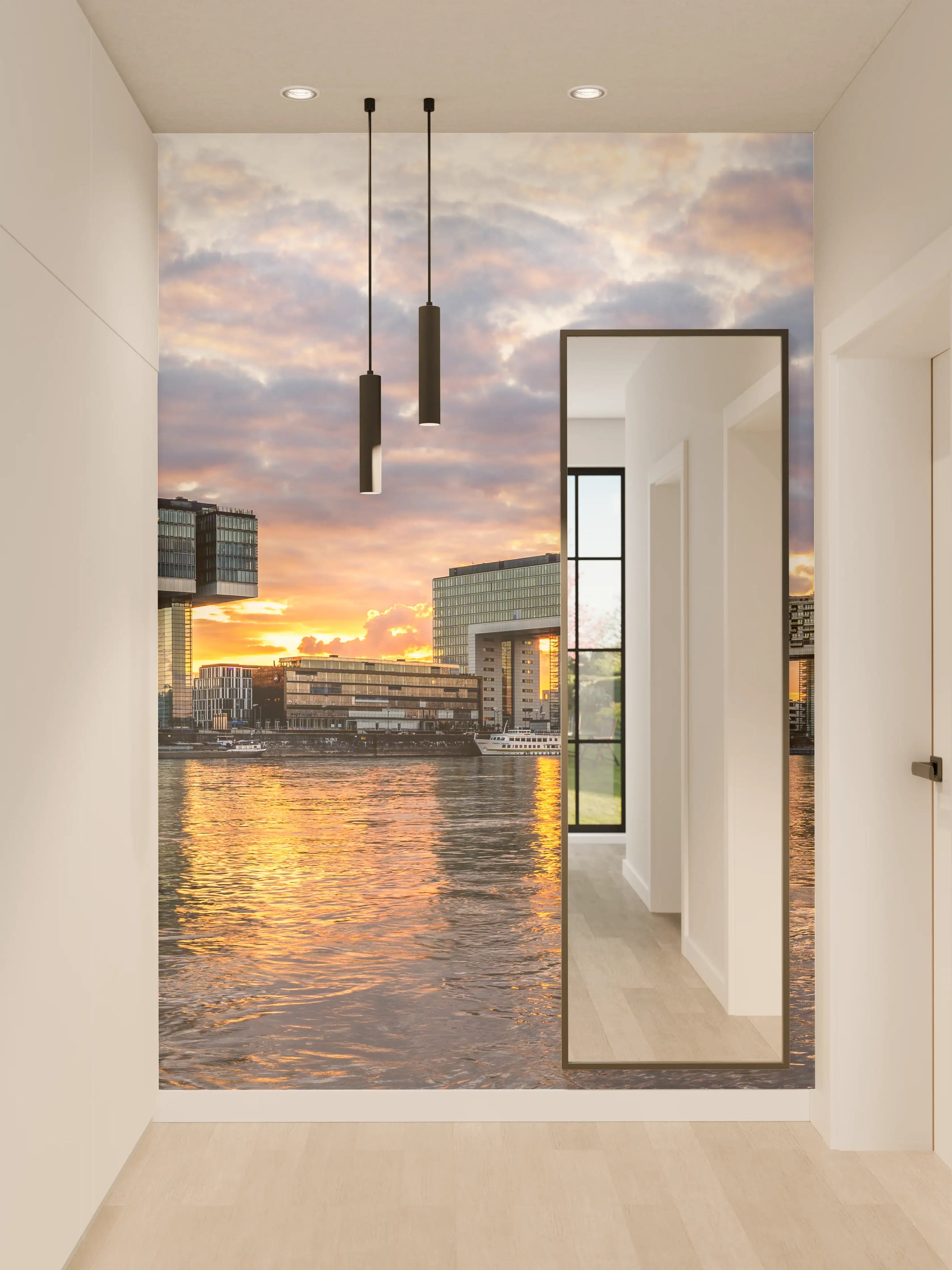 Wandverkleidung Flur - Modernes Stadtbild bei Sonnenuntergang auf dem Fluss