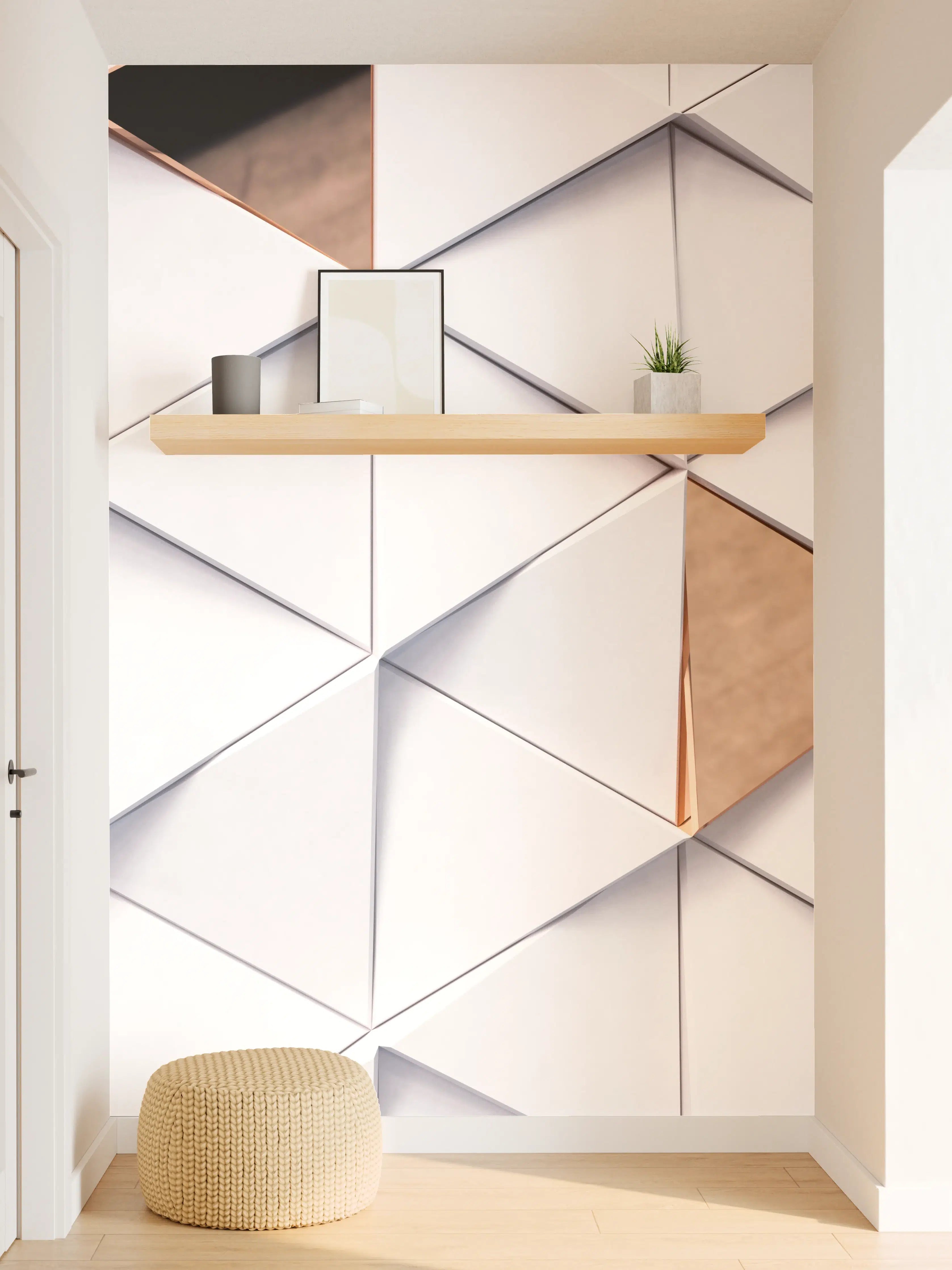 Wandverkleidung Flur - Modernes, geometrisches Wanddekor aus weißen und bronzefarbenen Dreiecken