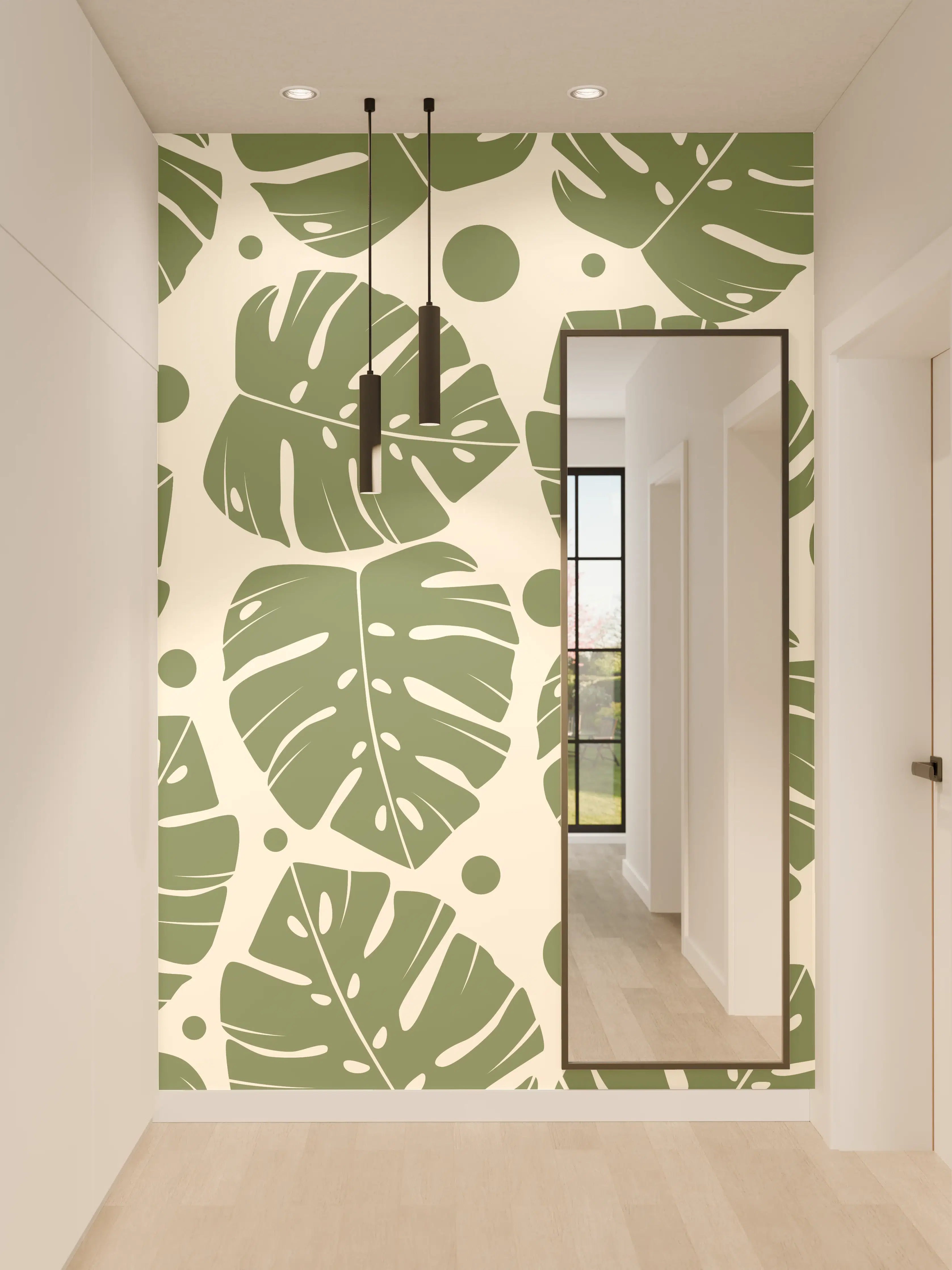 Wandverkleidung Flur - Monstera-Blätter Cremegrün