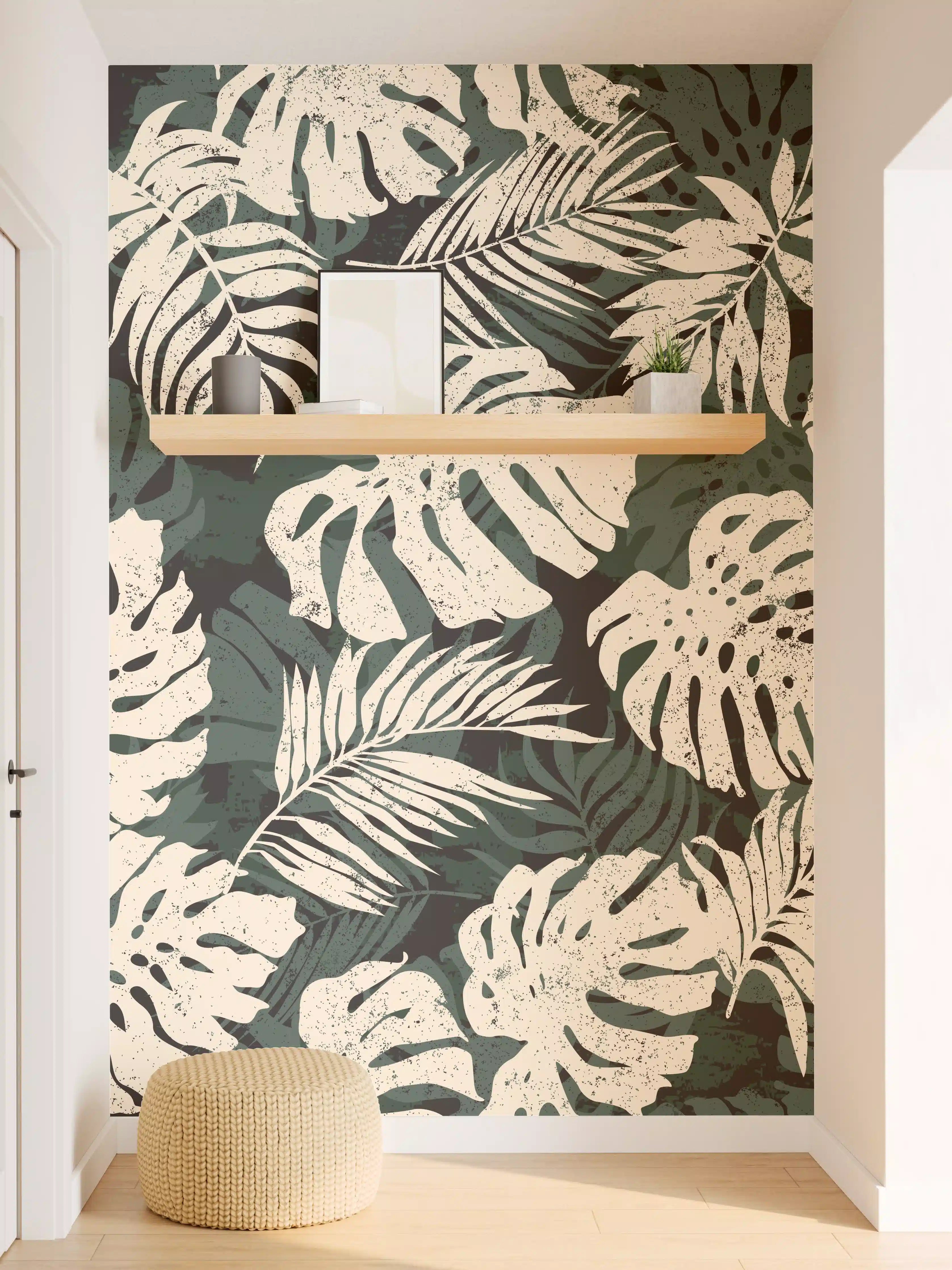 Wandverkleidung Flur - Monstera Blattmuster Grün-Beige