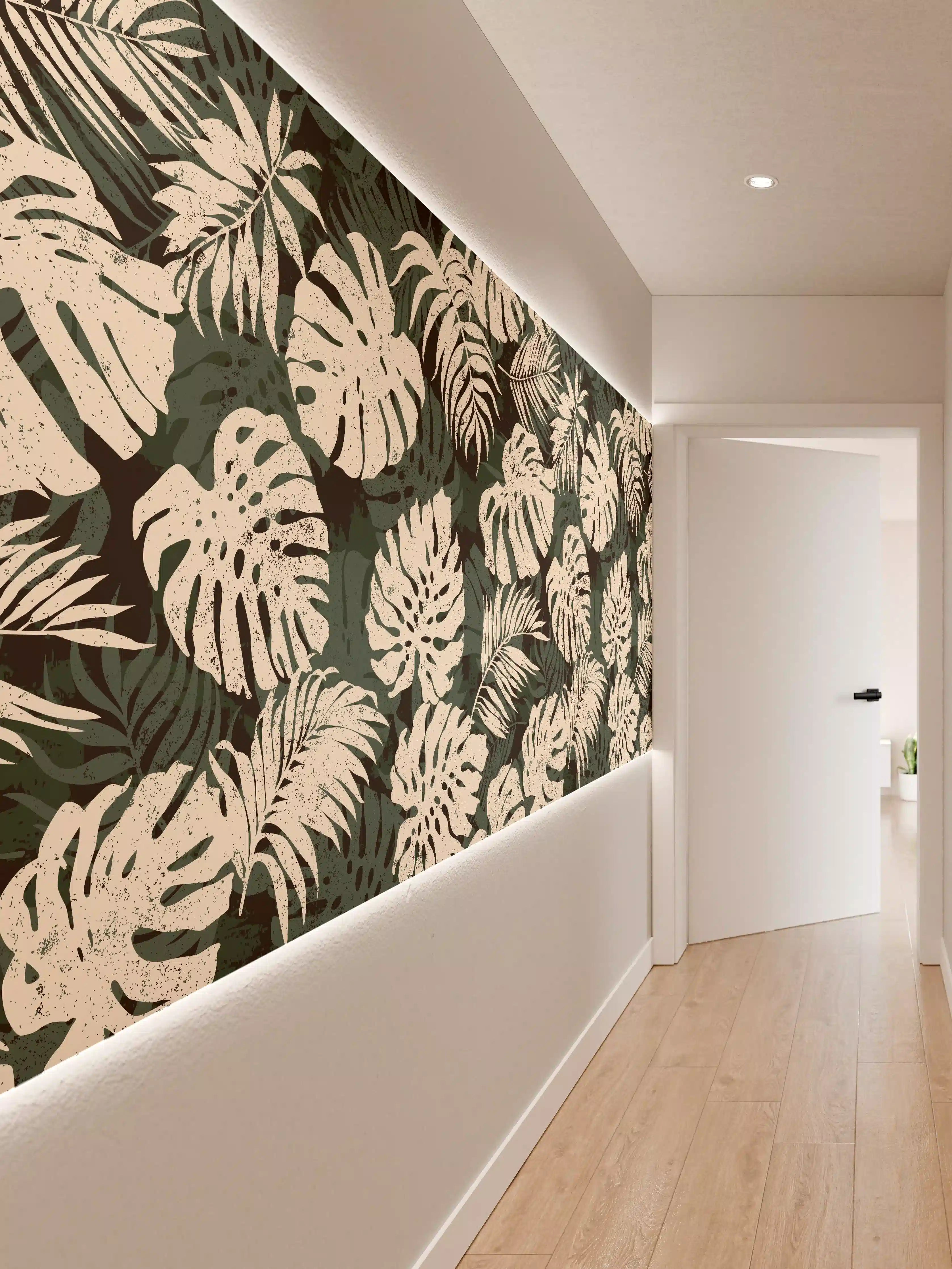 Wandverkleidung Flur - Monstera Blattmuster Grün-Beige
