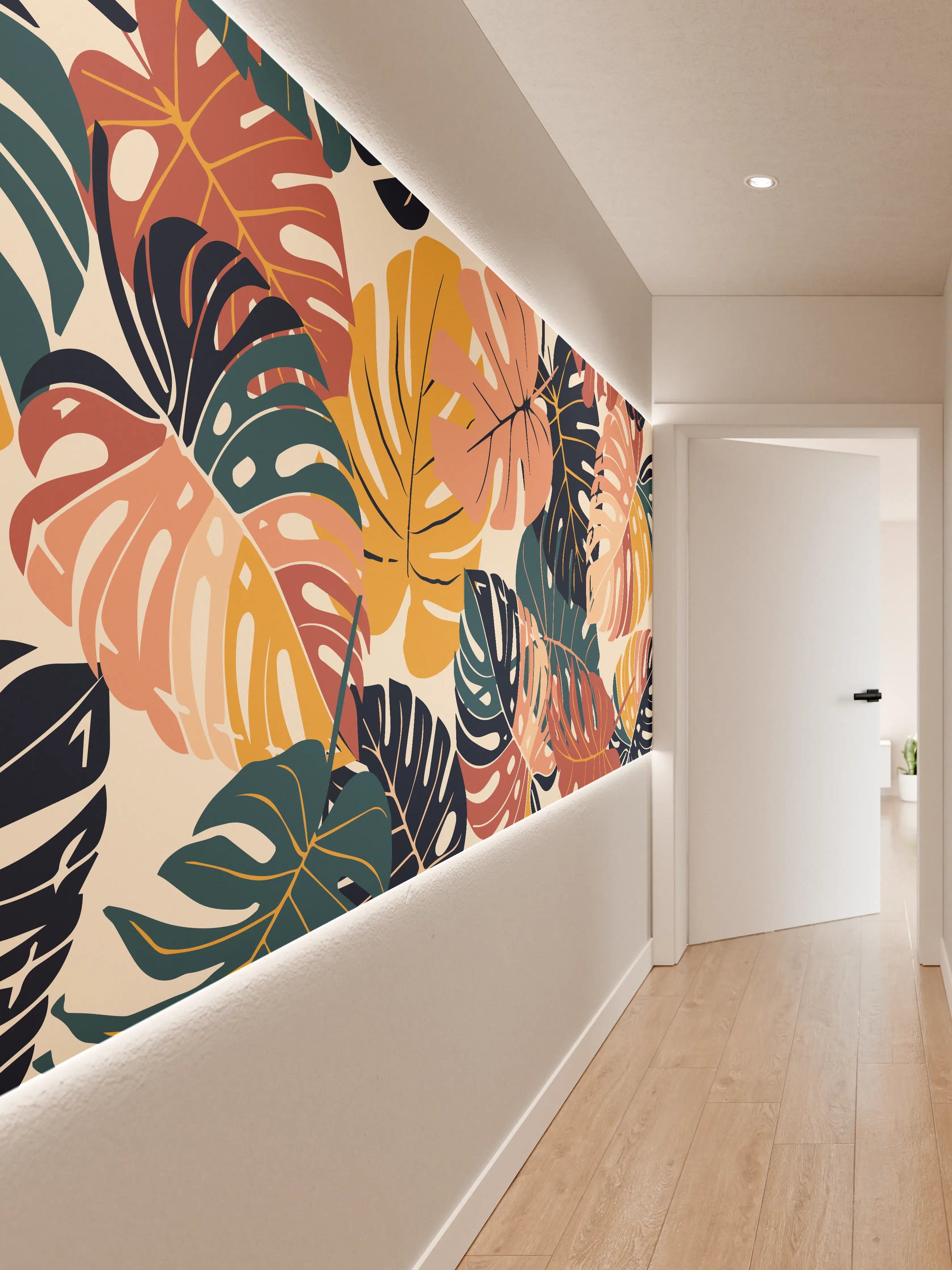 Wandverkleidung Flur - Monstera Tropic Koralle Türkis