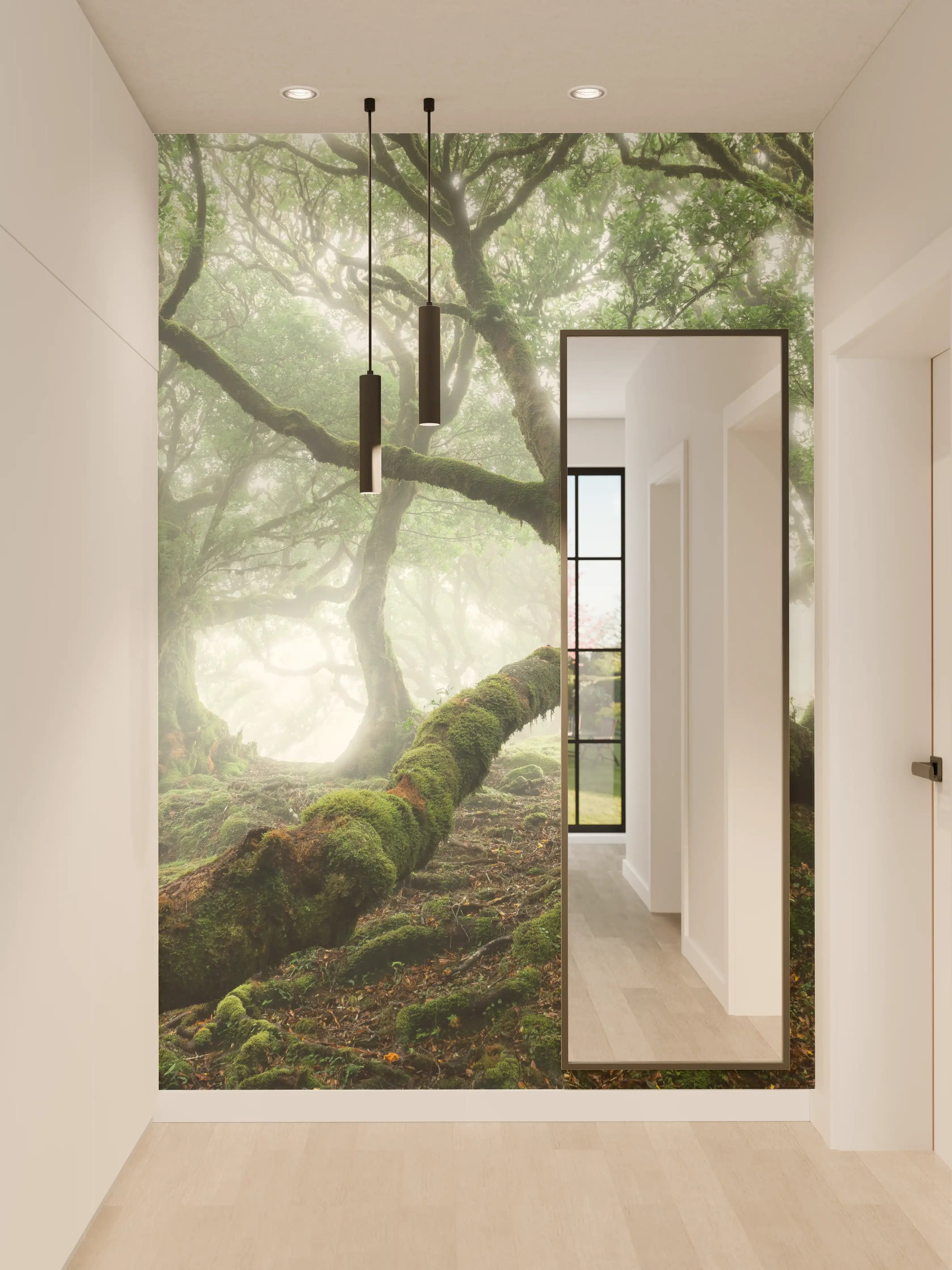 Wandverkleidung Flur - Mystischer Baum im nebligen Wald