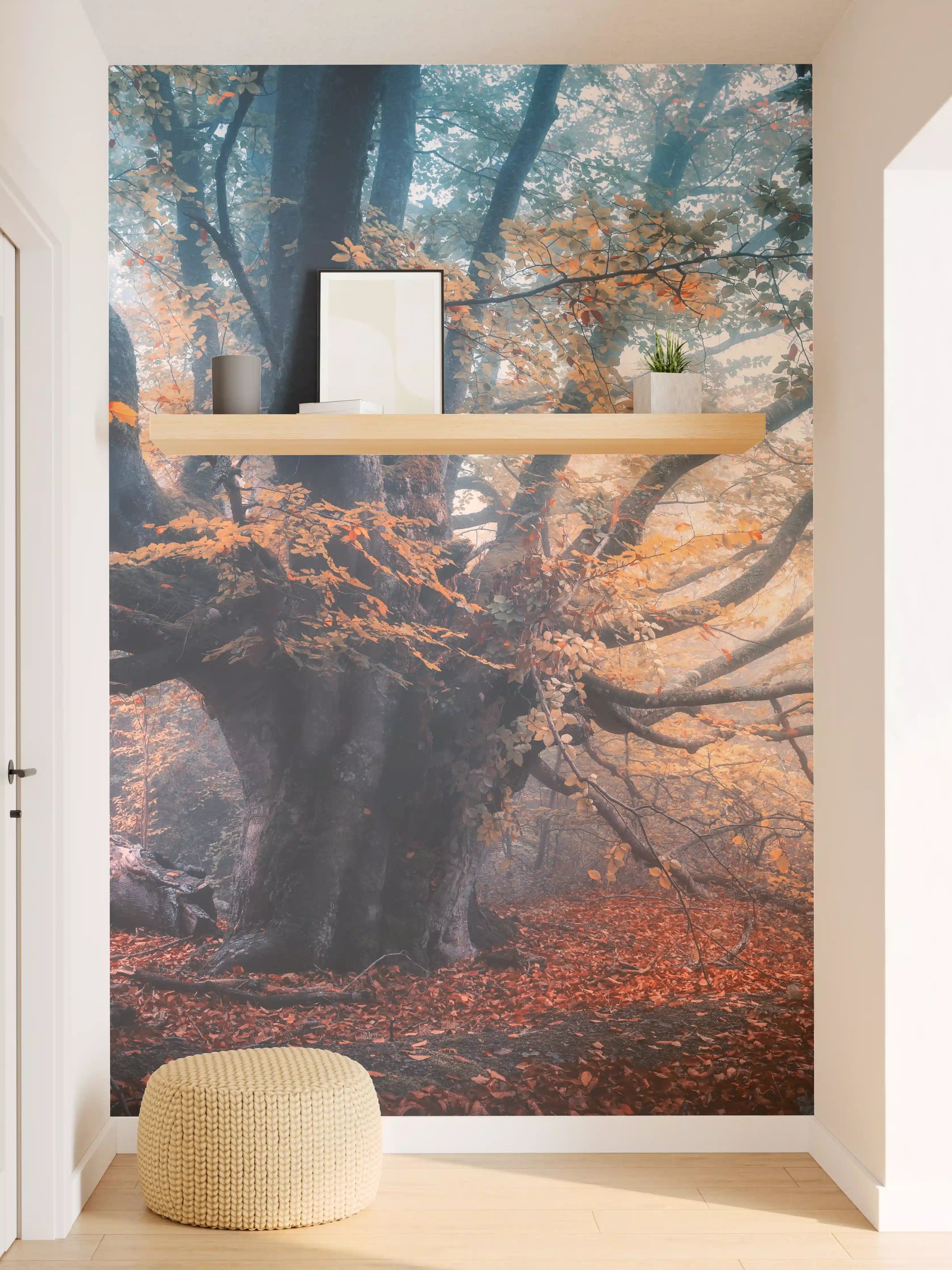 Wandverkleidung Flur - Mystischer Herbstwald bei Sonnenaufgang