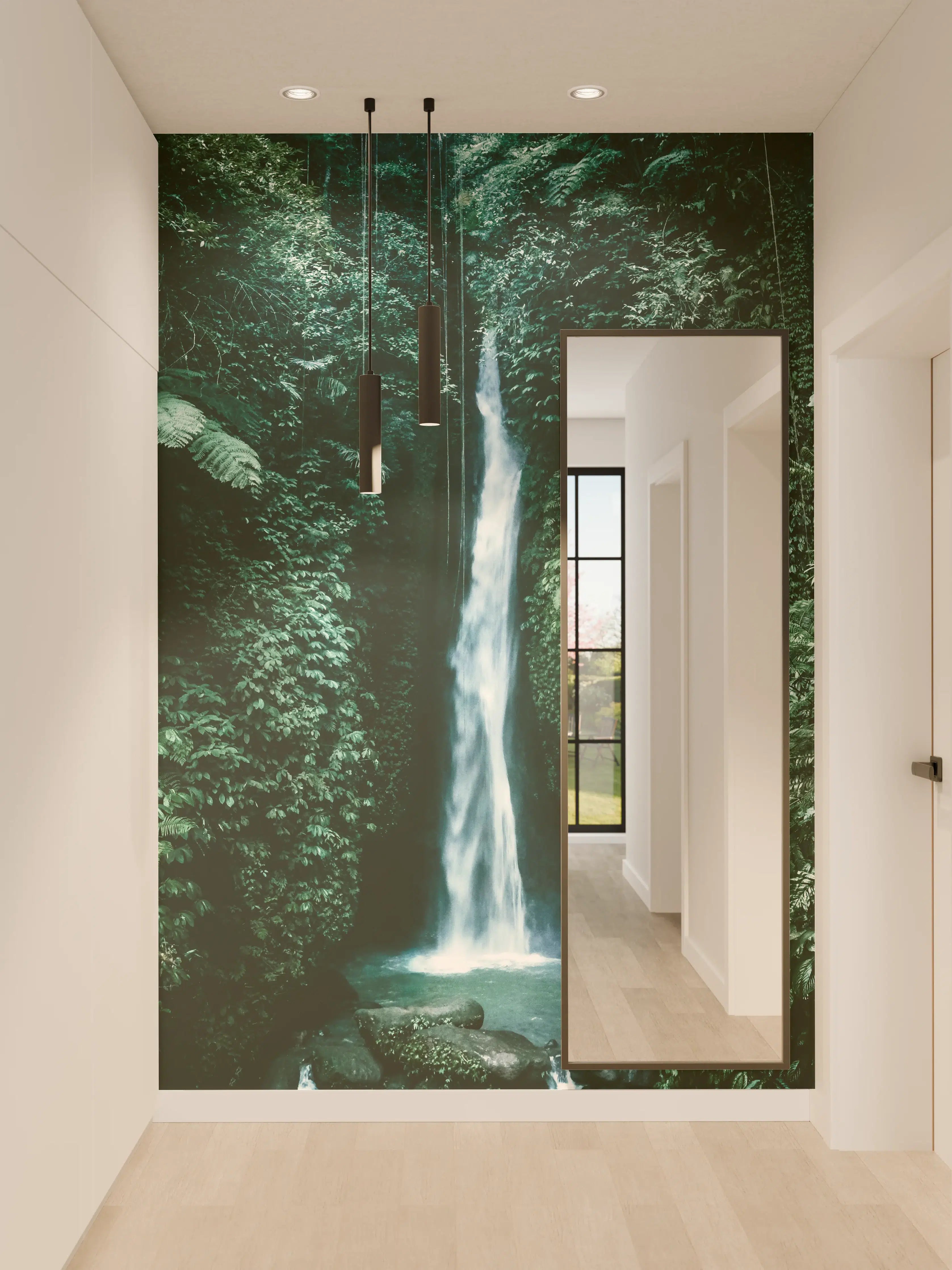 Wandverkleidung Flur - Mystischer Wasserfall im smaragtgrünen Dschungel