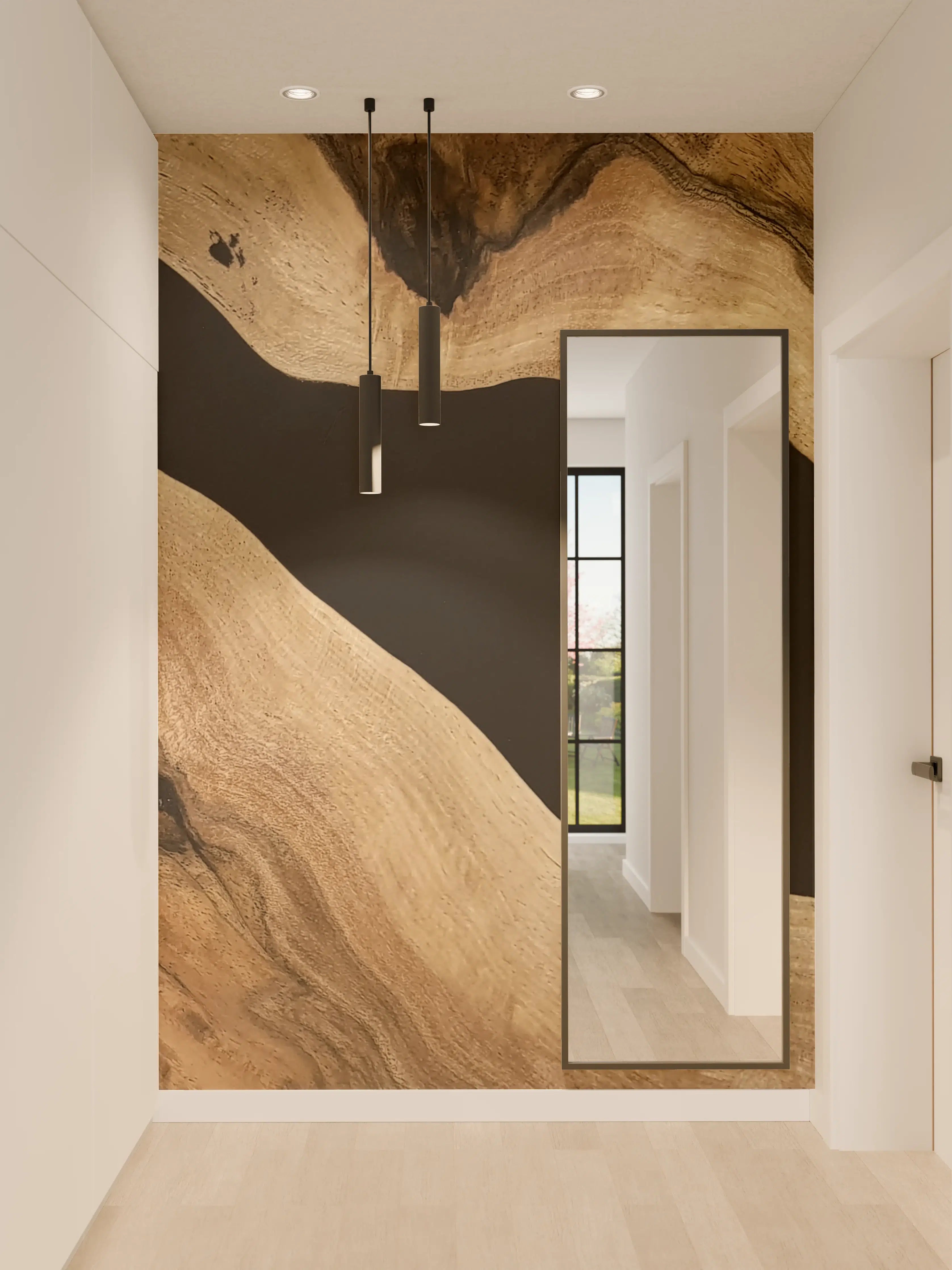 Wandverkleidung Flur - Natürliche Holzstruktur in dunklem Hintergrund