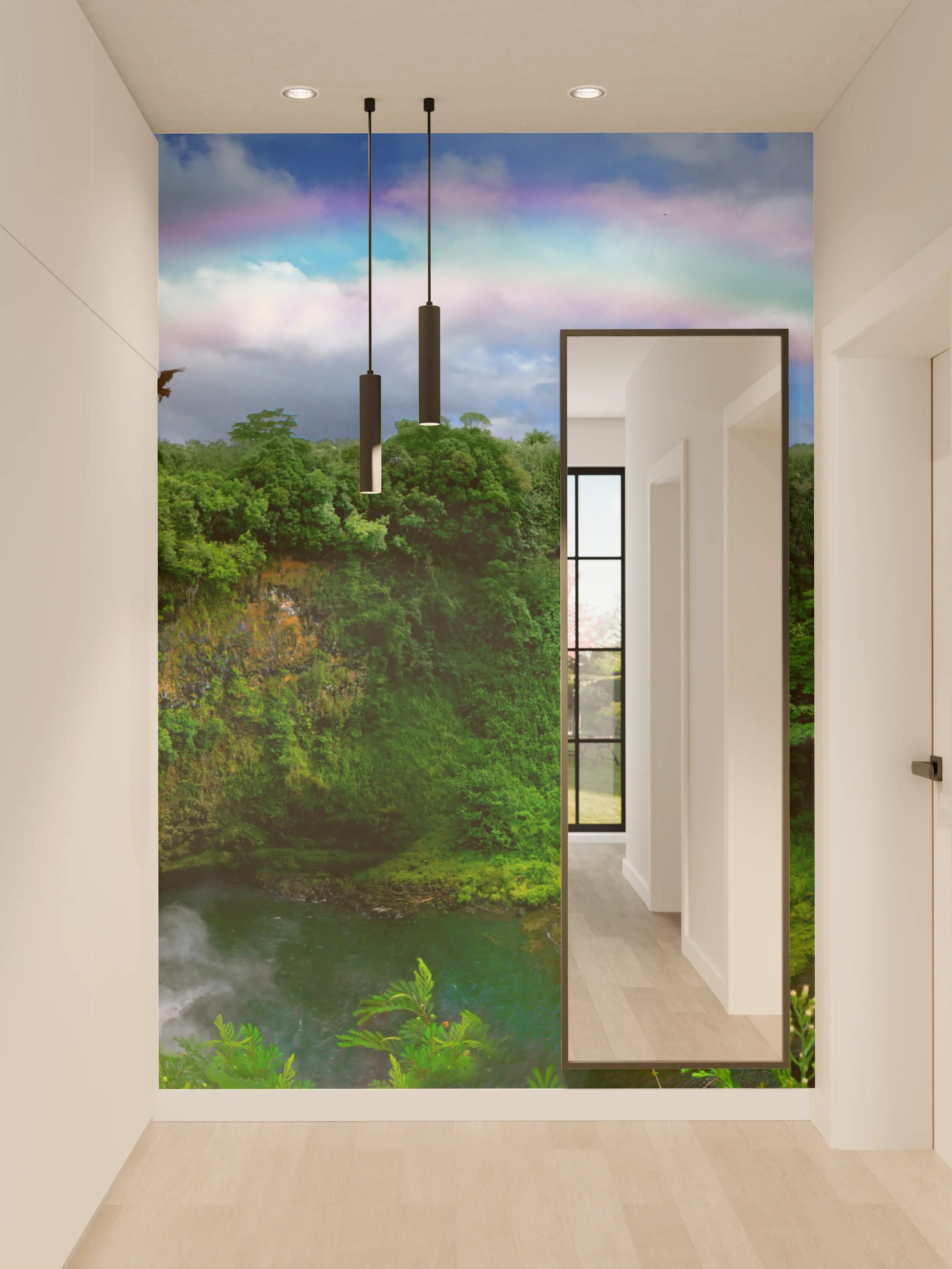 Wandverkleidung Flur - Natürlicher Wasserfall mit Regenbogen vor grüner Landschaft