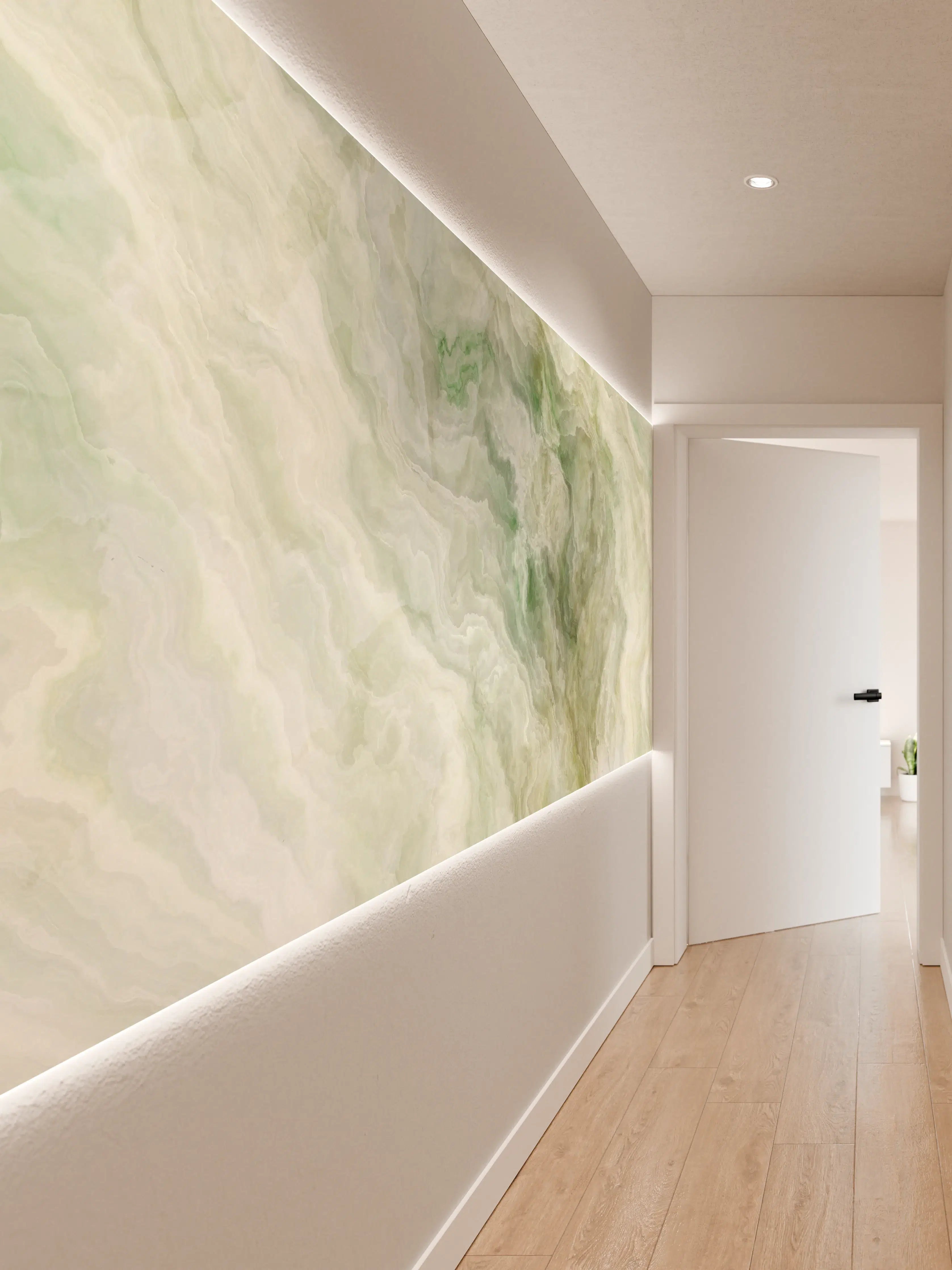 Wandverkleidung Flur - Natürliches Marmor-Design in sanften Grüntönen