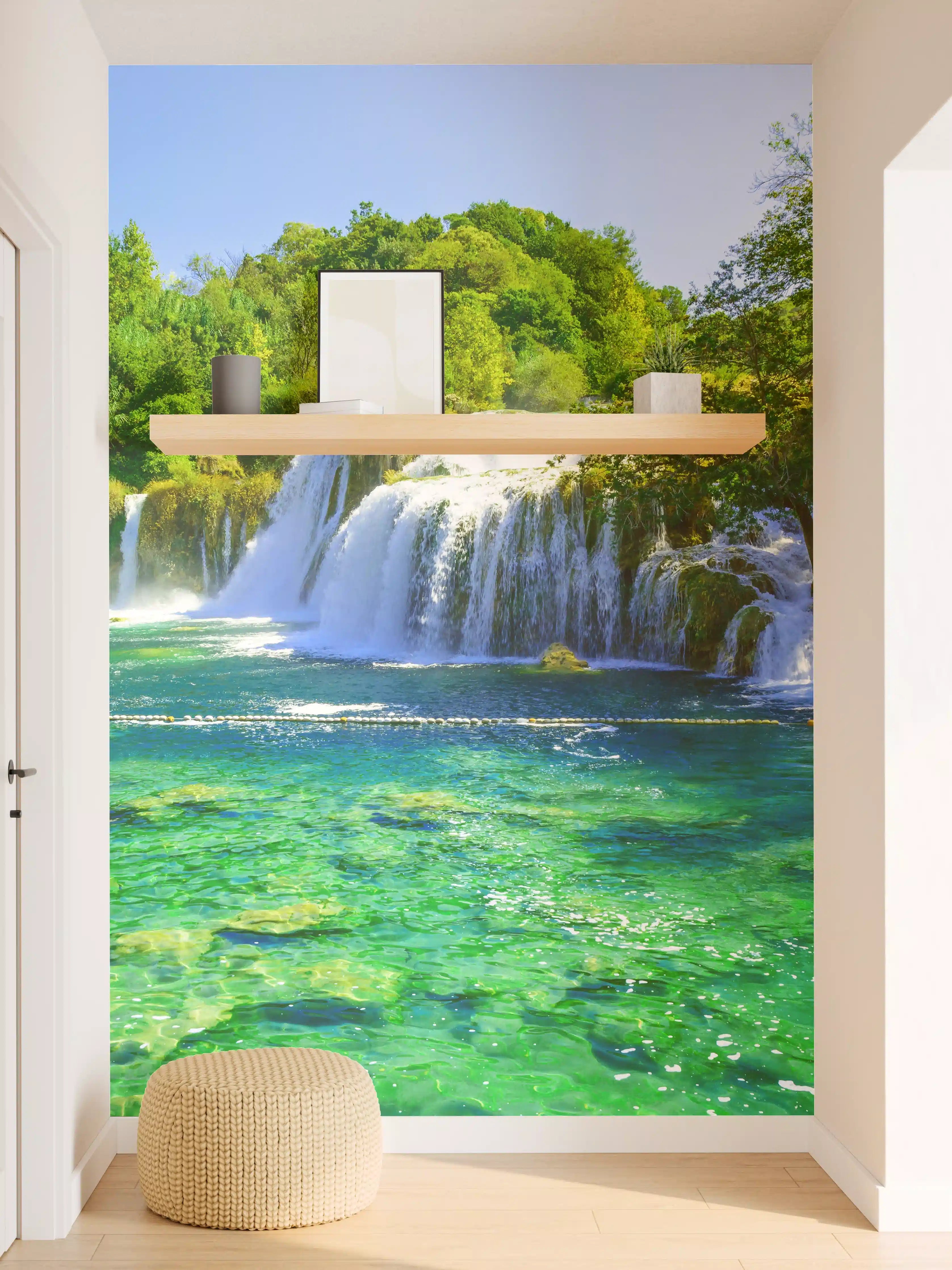 Wandverkleidung Flur - Naturparadies mit Wasserfall und klarem Wasser