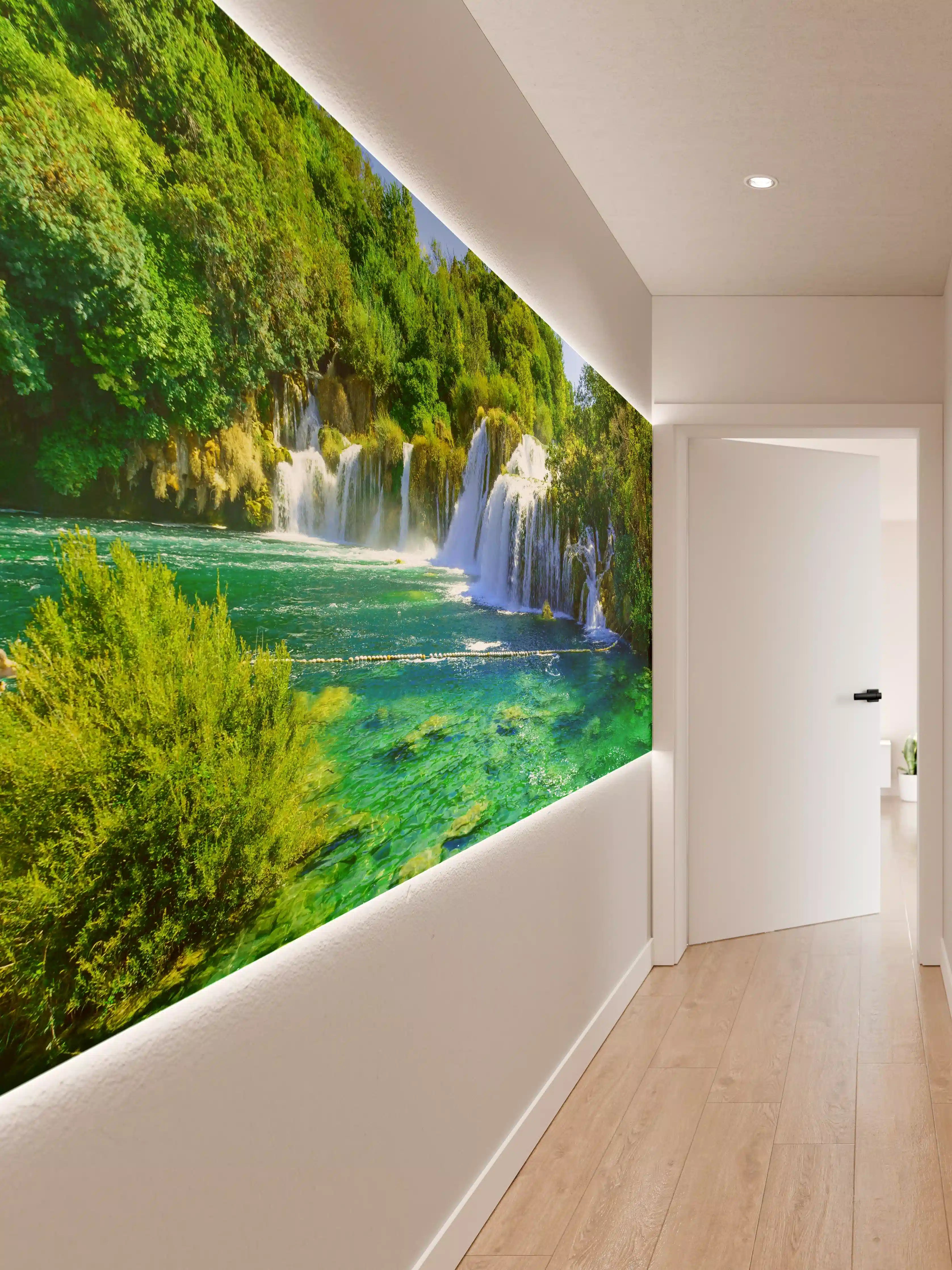 Wandverkleidung Flur - Naturparadies mit Wasserfall und klarem Wasser