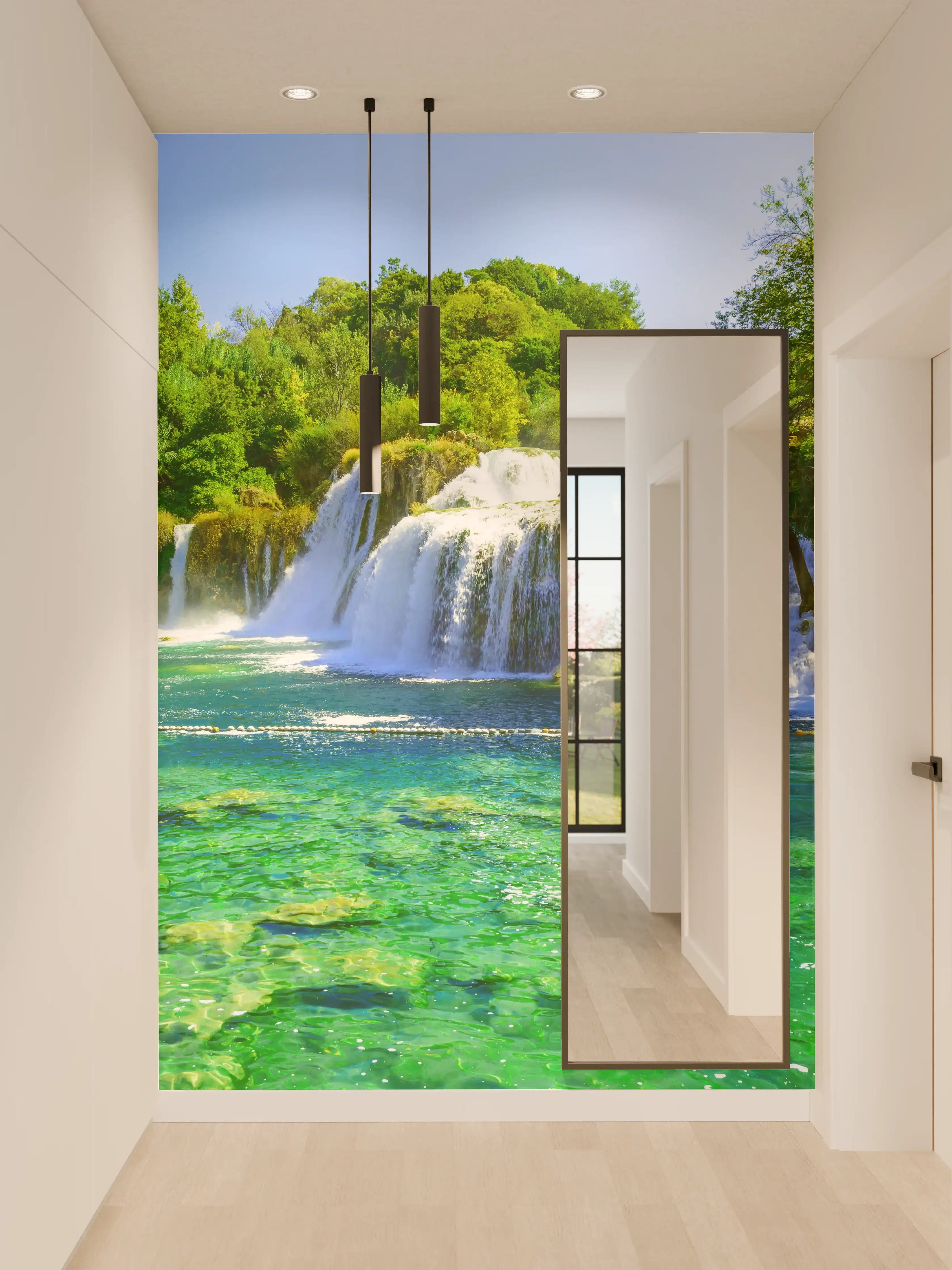 Wandverkleidung Flur - Naturparadies mit Wasserfall und klarem Wasser