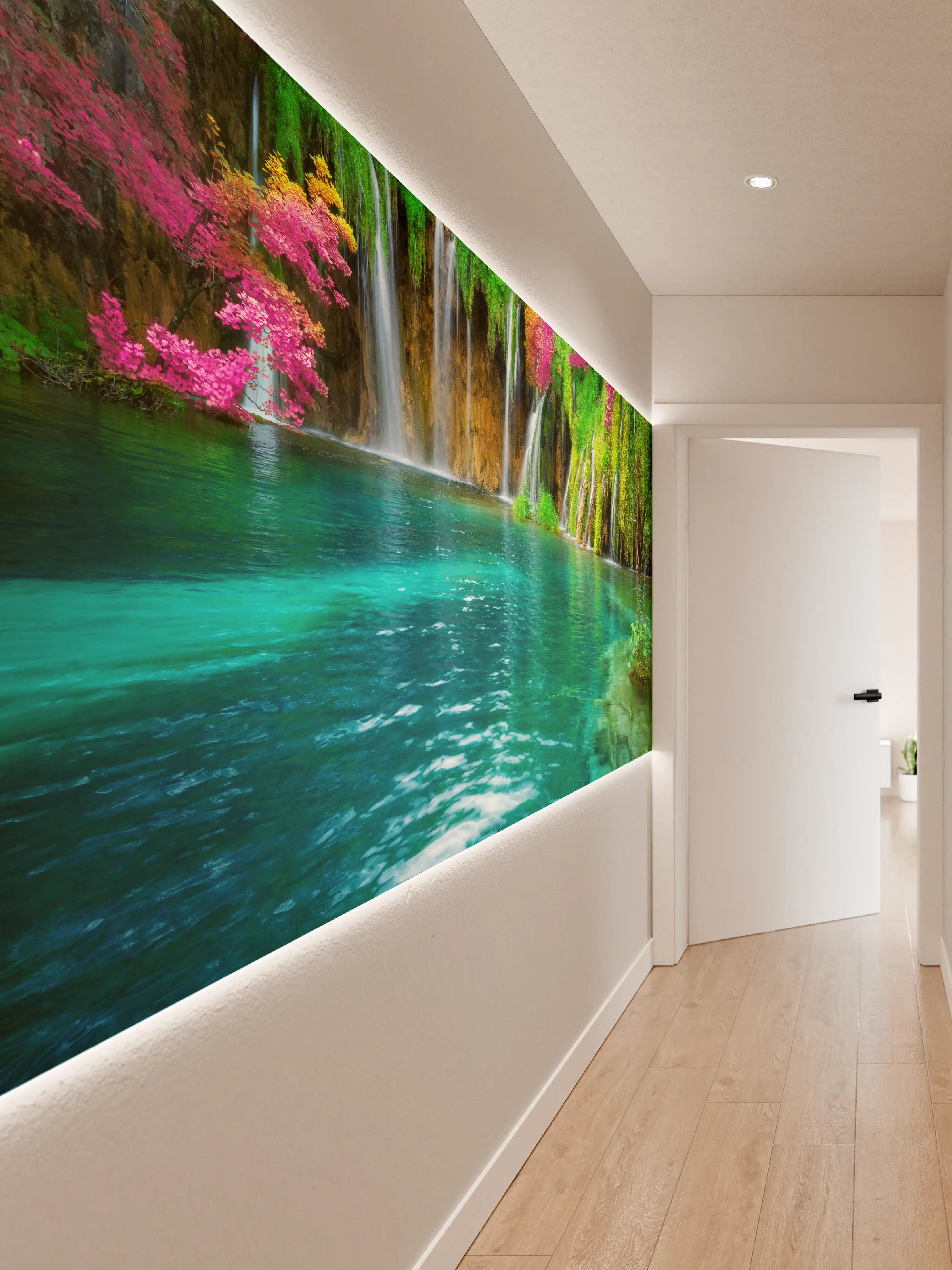 Wandverkleidung Flur - Naturtraum Wasserfall in buntem Blumenparadies