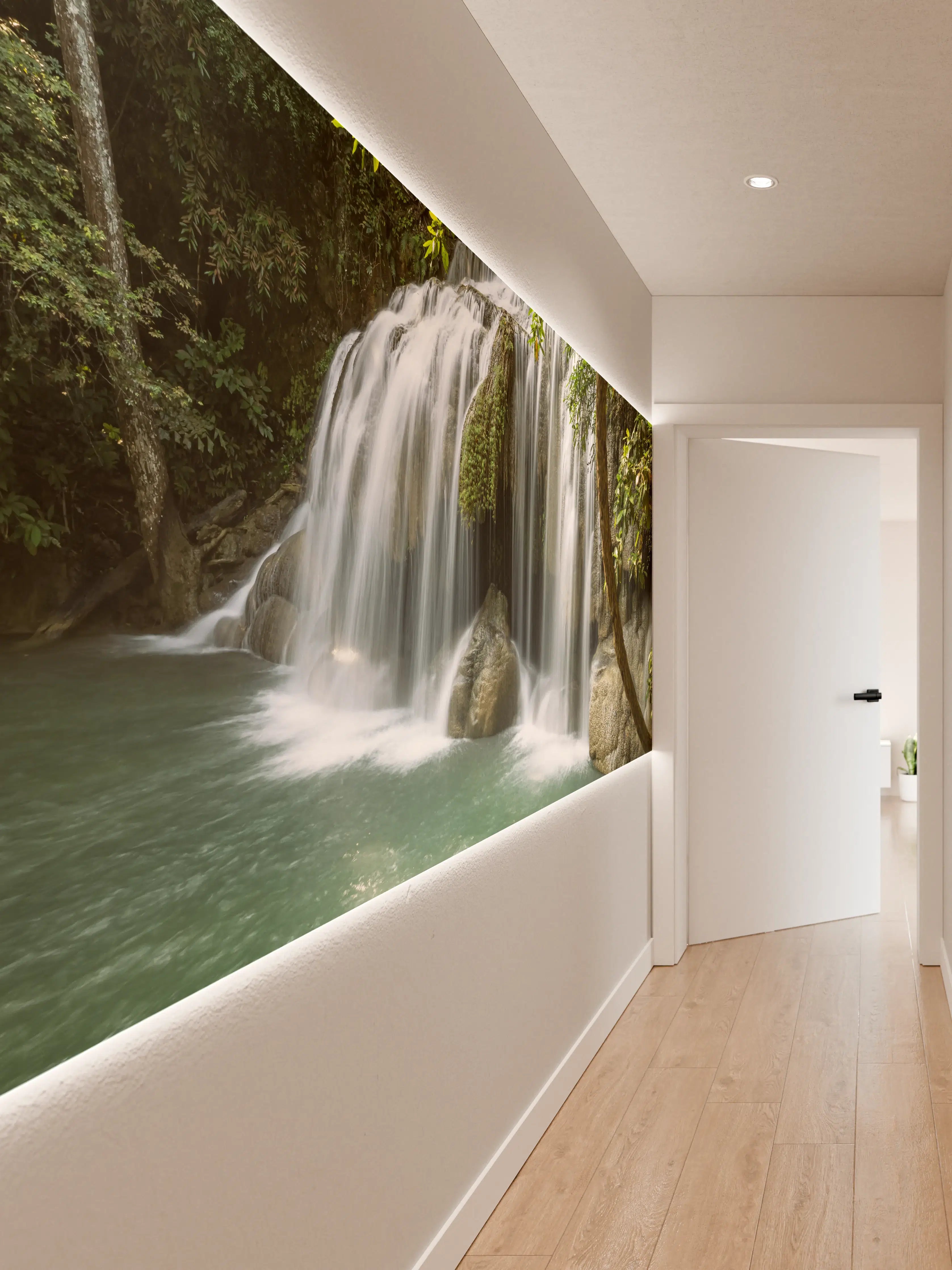 Wandverkleidung Flur - Naturwasserfall inmitten grüner Landschaft