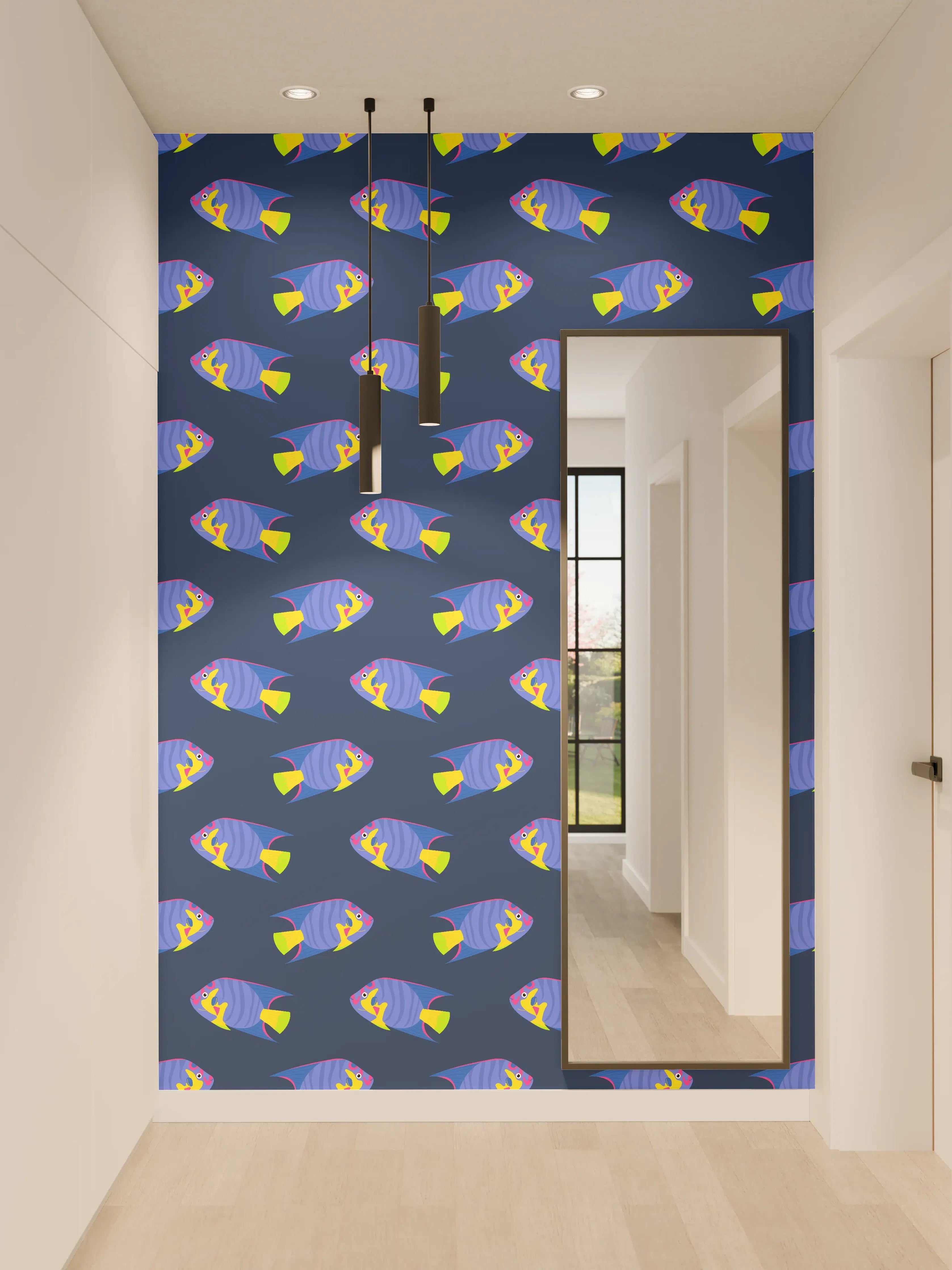 Wandverkleidung Flur - Neon-Fische Blau-Gelb Muster