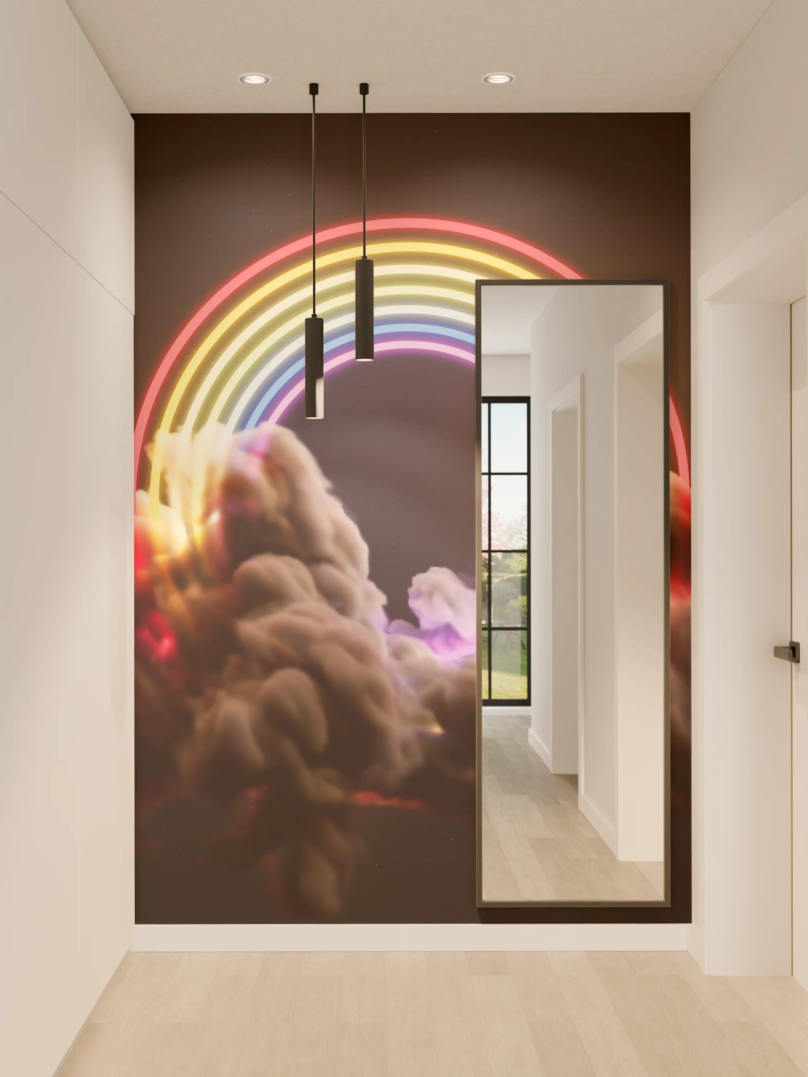 Wandverkleidung Flur - Neon Regenbogen in Wolken