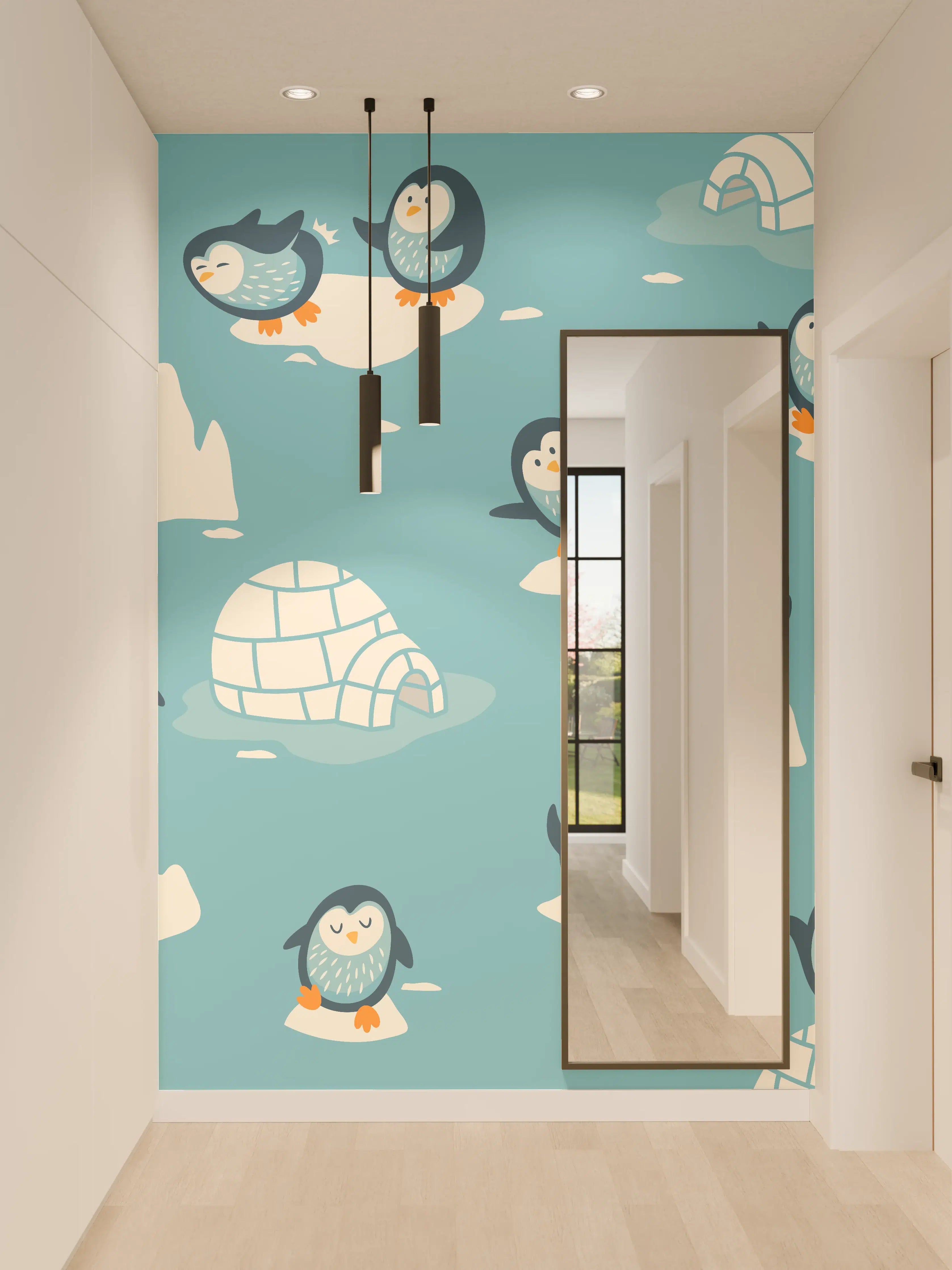 Wandverkleidung Flur - Niedliche Pinguine auf Eis im arktischen Winter