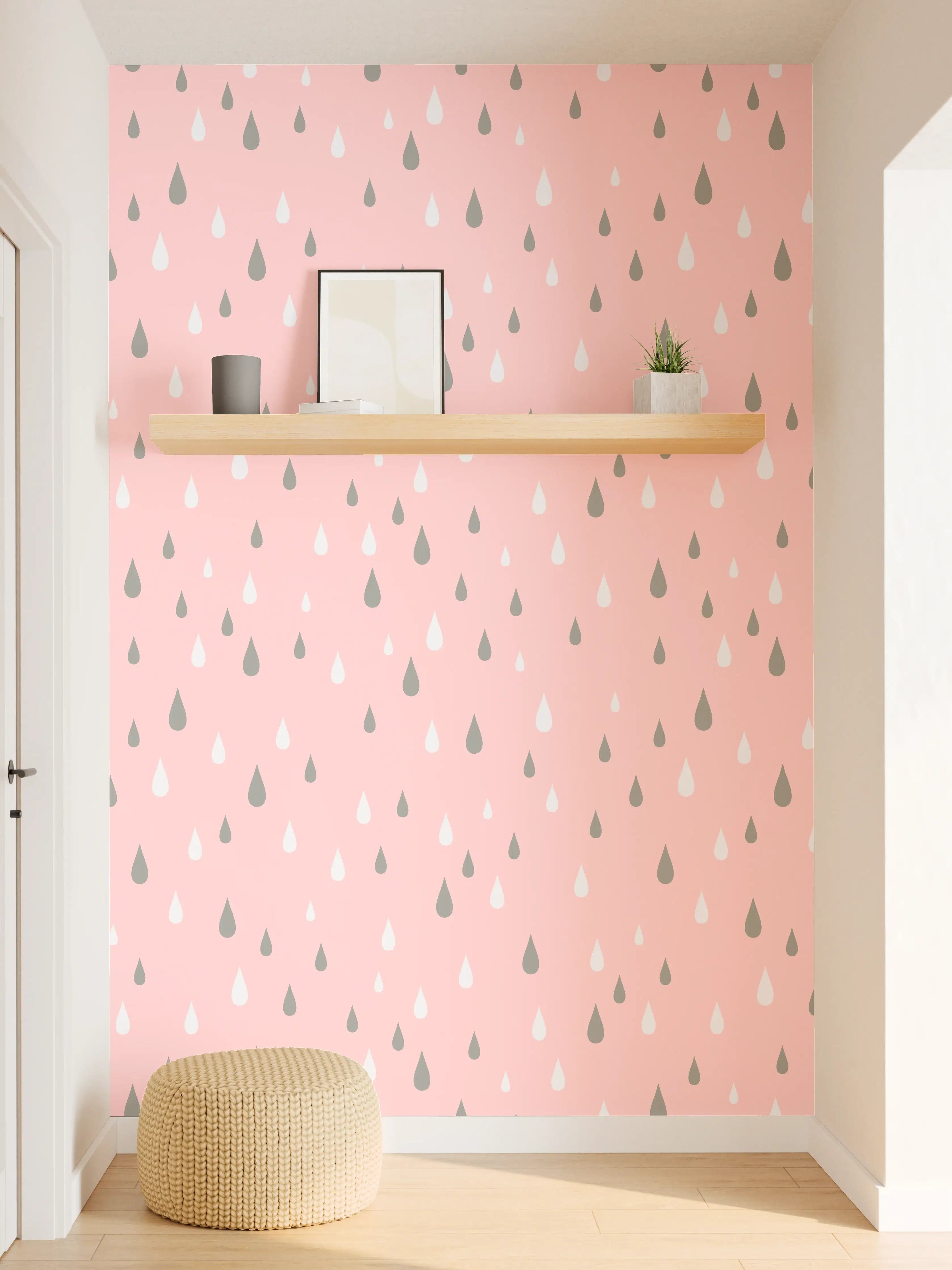 Wandverkleidung Flur - Niedliche Regentropfen auf rosa Hintergrund