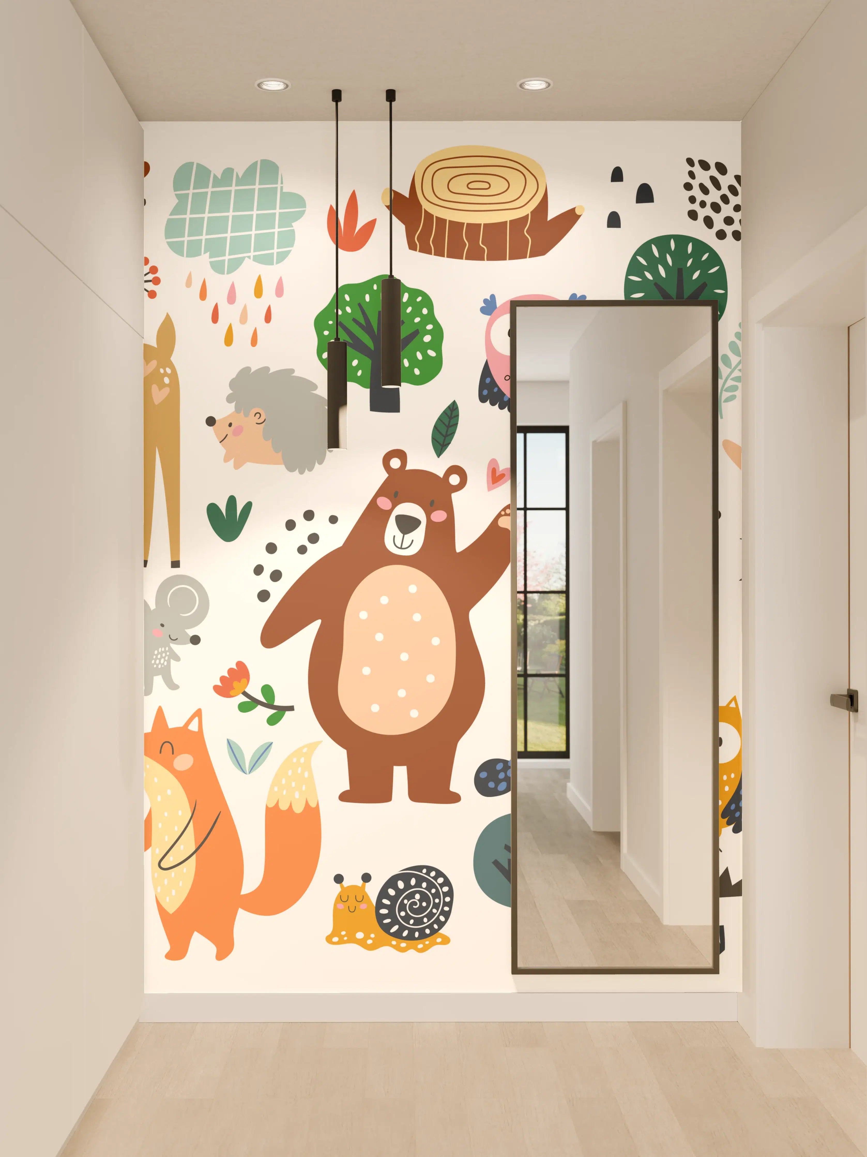 Wandverkleidung Flur - Niedliche Tierillustration im Wald