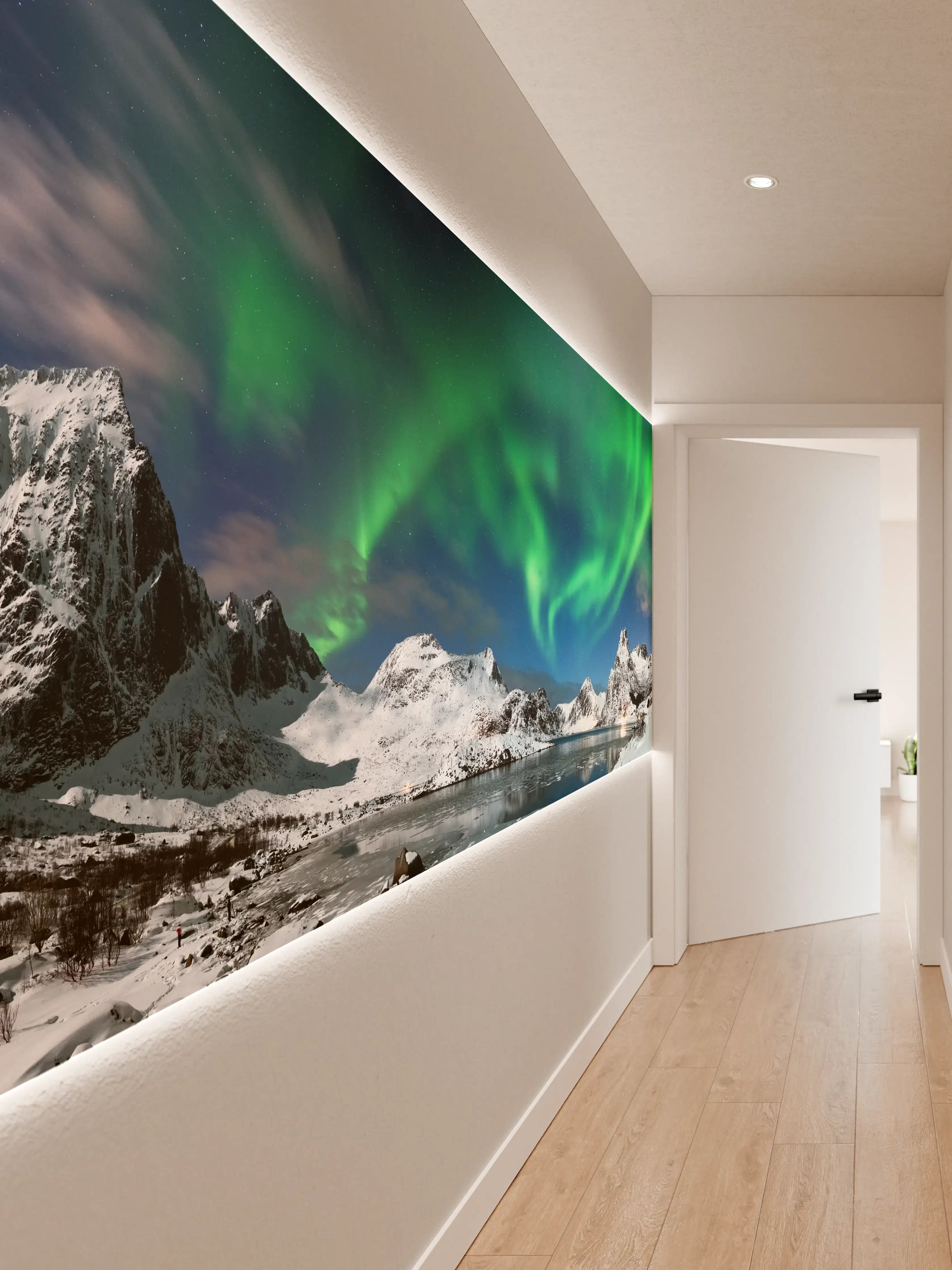 Wandverkleidung Flur - Nordlicht über verschneitem Fjord