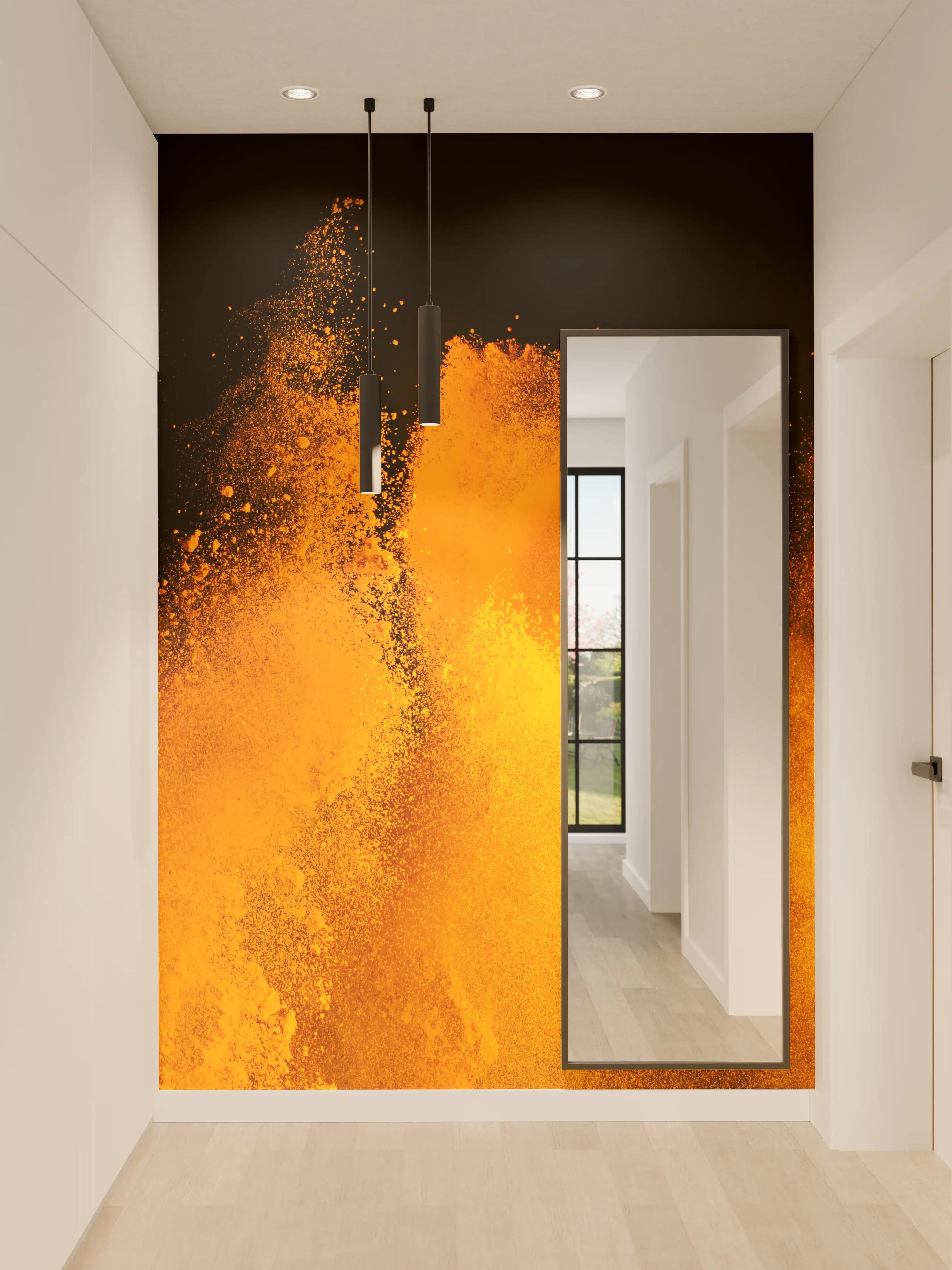 Wandverkleidung Flur - Orange-Rote Holi Farbexplosion
