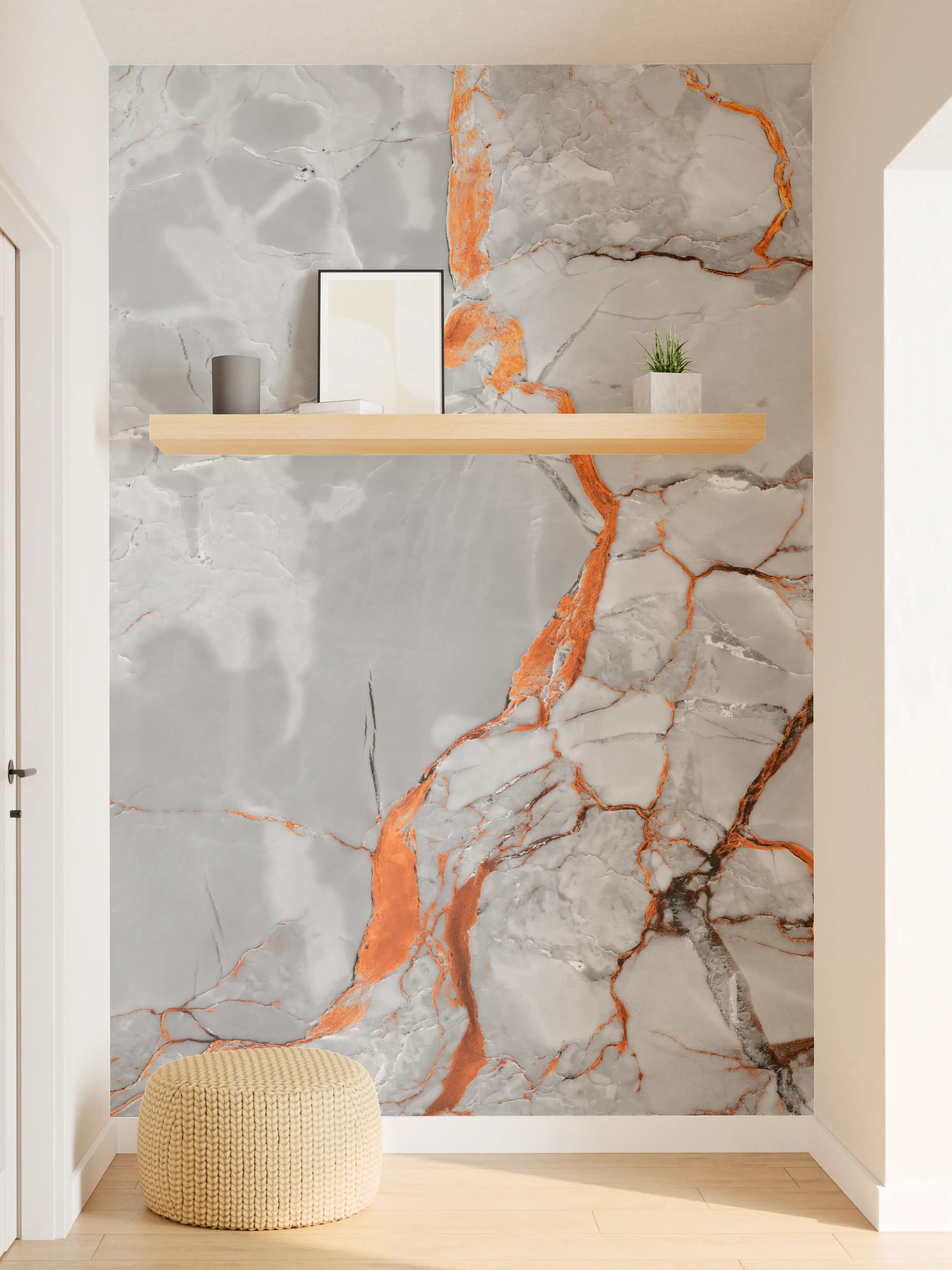 Wandverkleidung Flur - Orange-Weiß natürliche Marmortextur