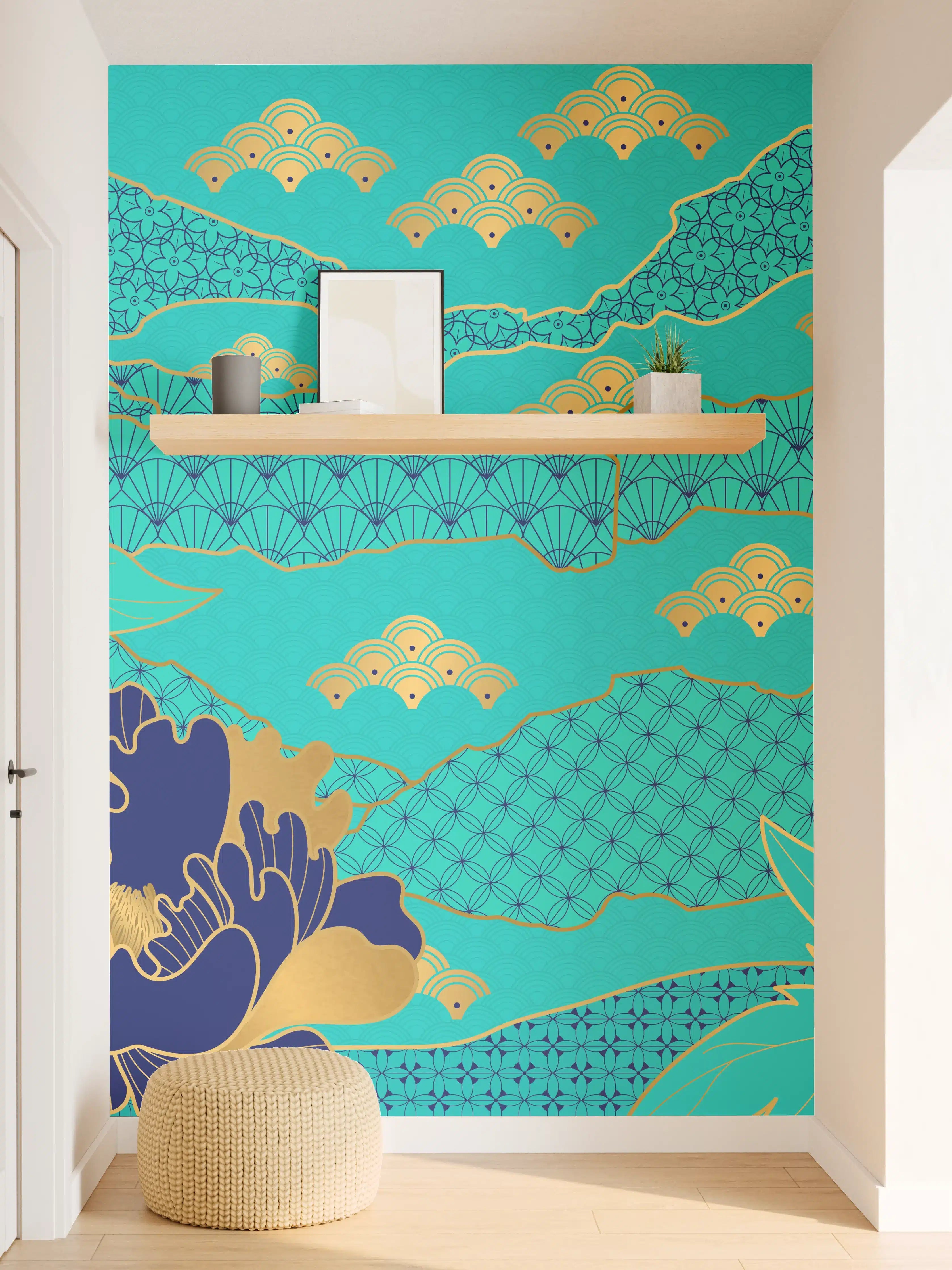 Wandverkleidung Flur - Orientalisch-Blauer Blumen-Digitaldruck