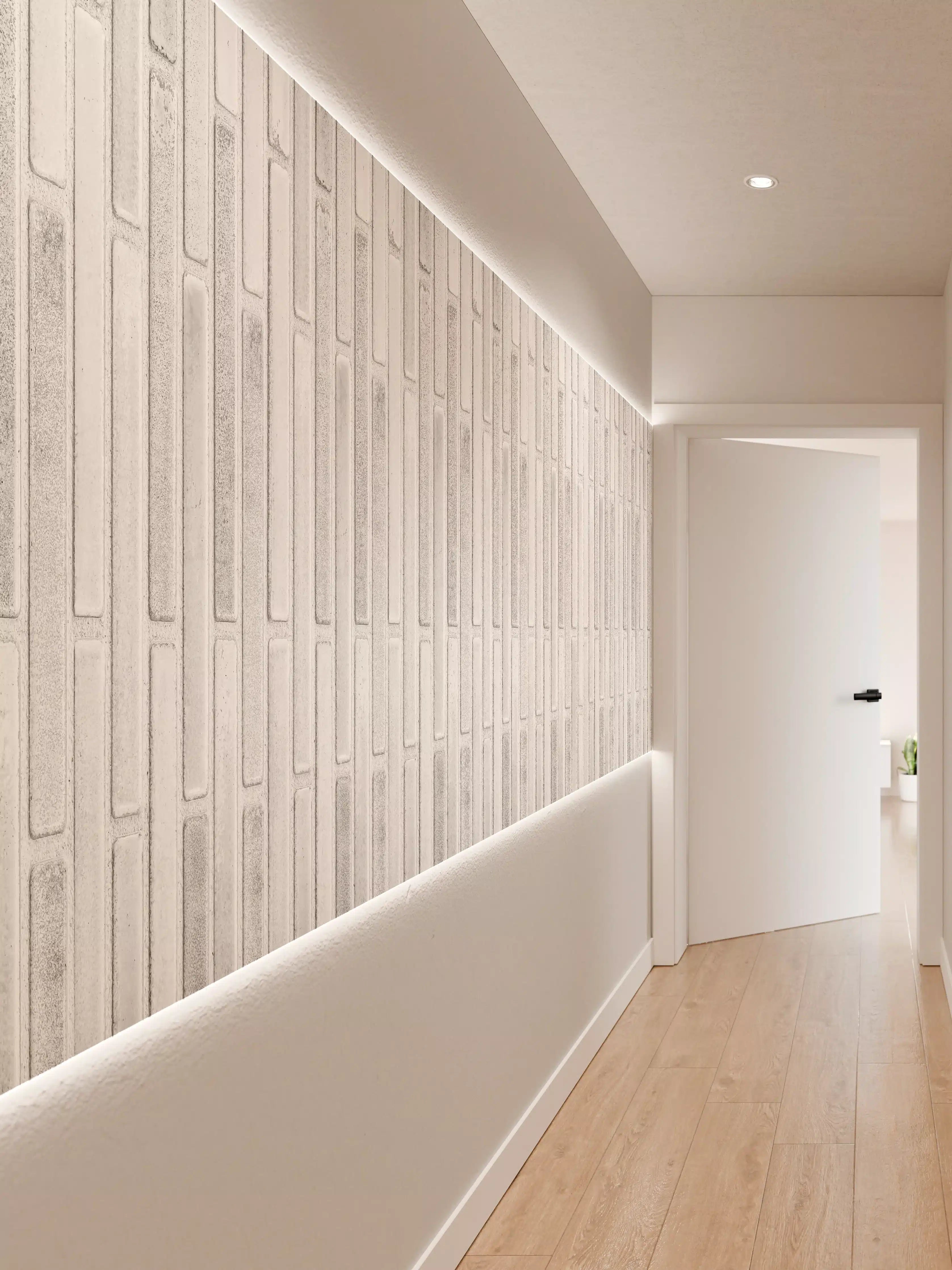 Wandverkleidung Flur - Panorama der weißen Steinwand mit Streifen Textur