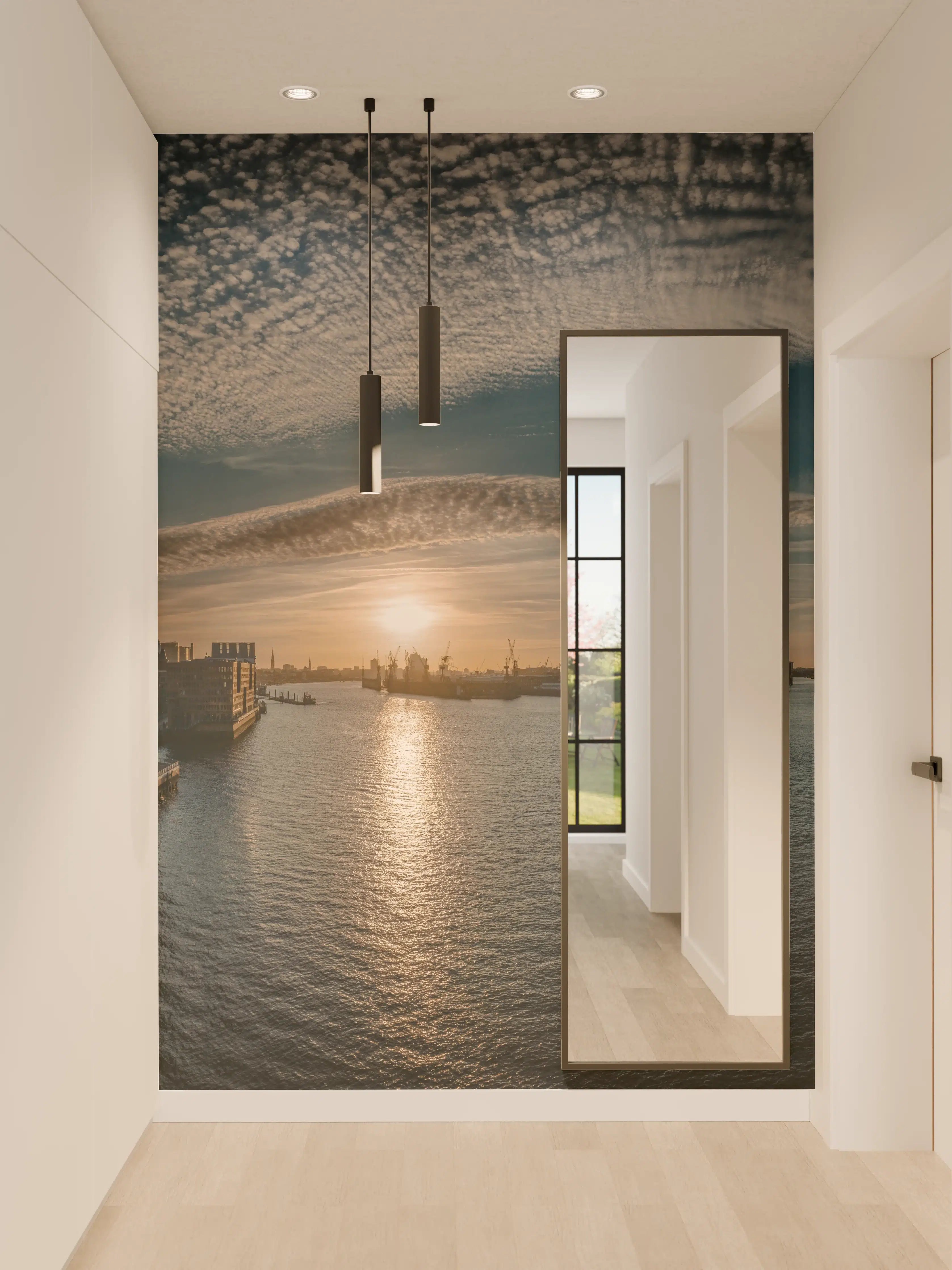Wandverkleidung Flur - Panoramablick Hamburg bei Sonnenuntergang