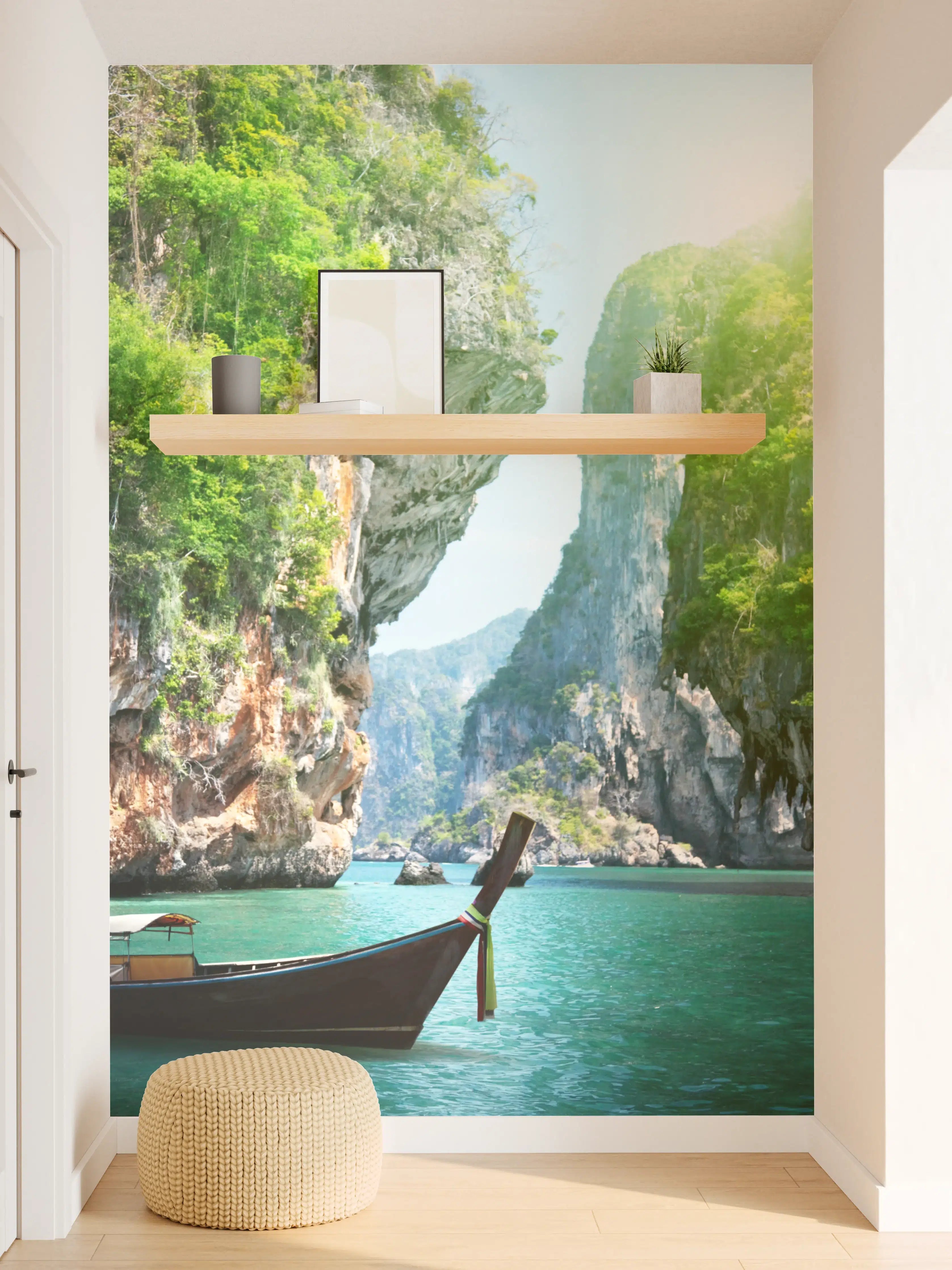 Wandverkleidung Flur - Paradiesische Flusslandschaft mit Boot