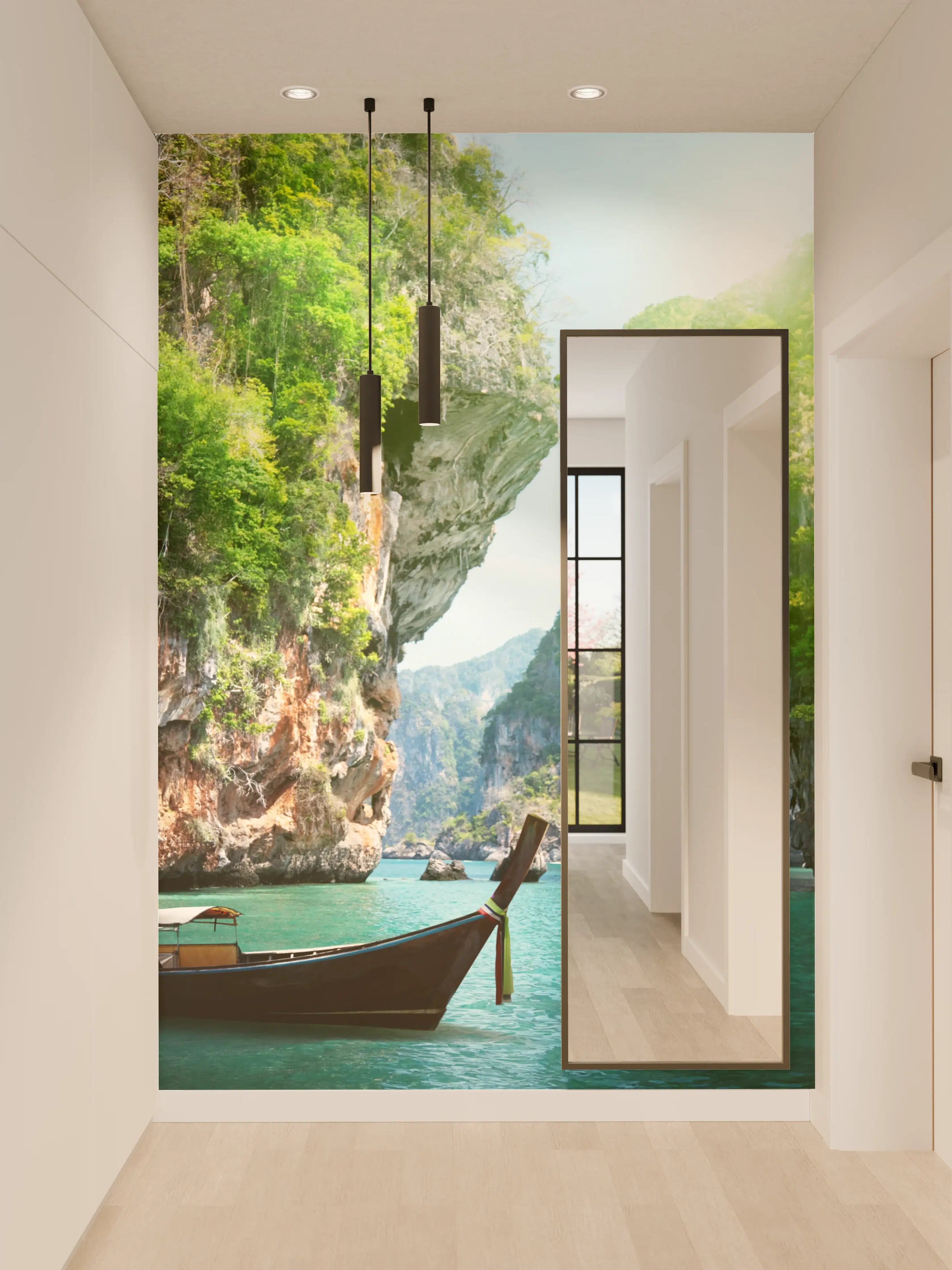 Wandverkleidung Flur - Paradiesische Flusslandschaft mit Boot