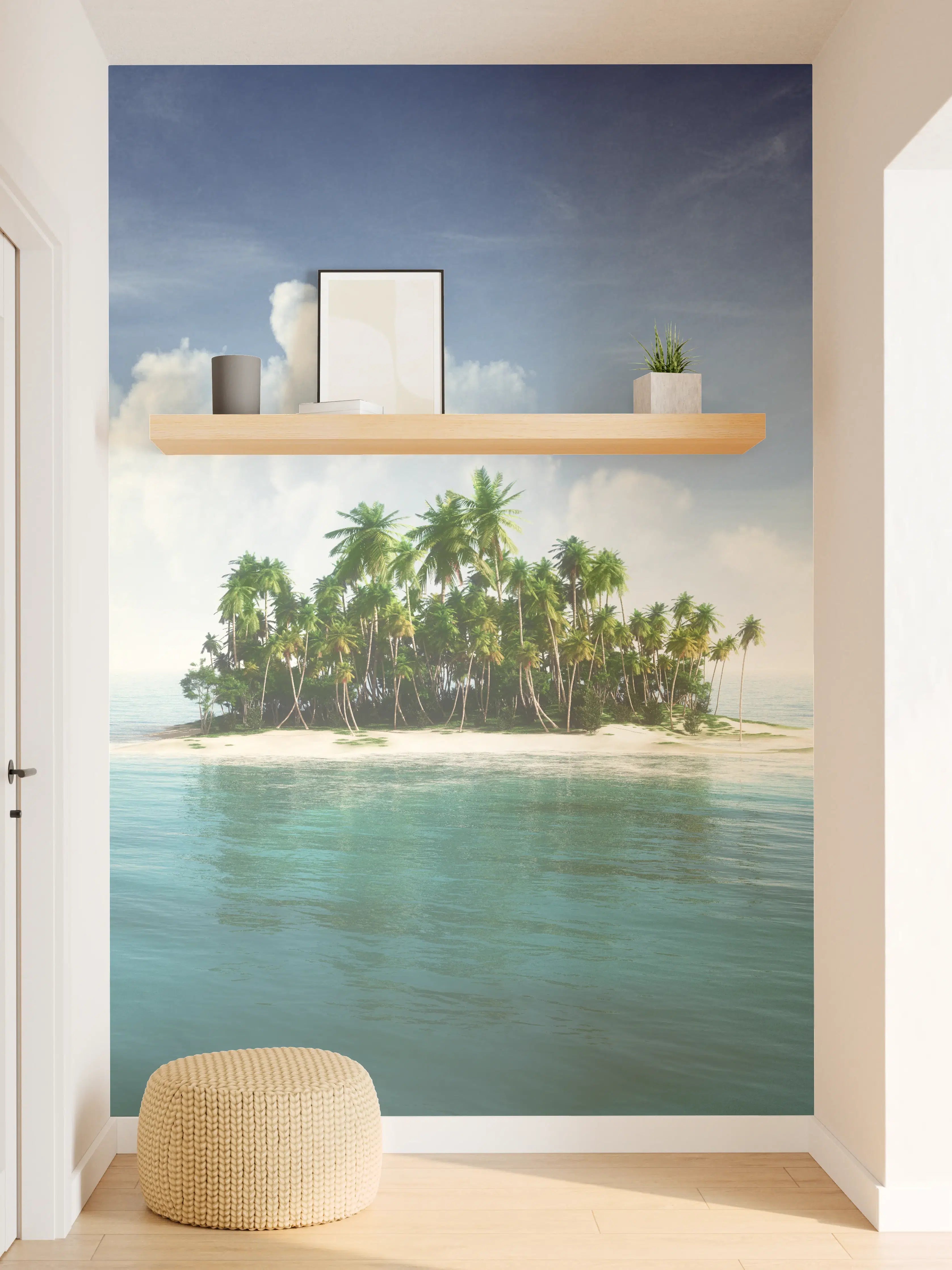 Wandverkleidung Flur - Paradiesische Insel mit Palmen im türkisfarbenen Wasser