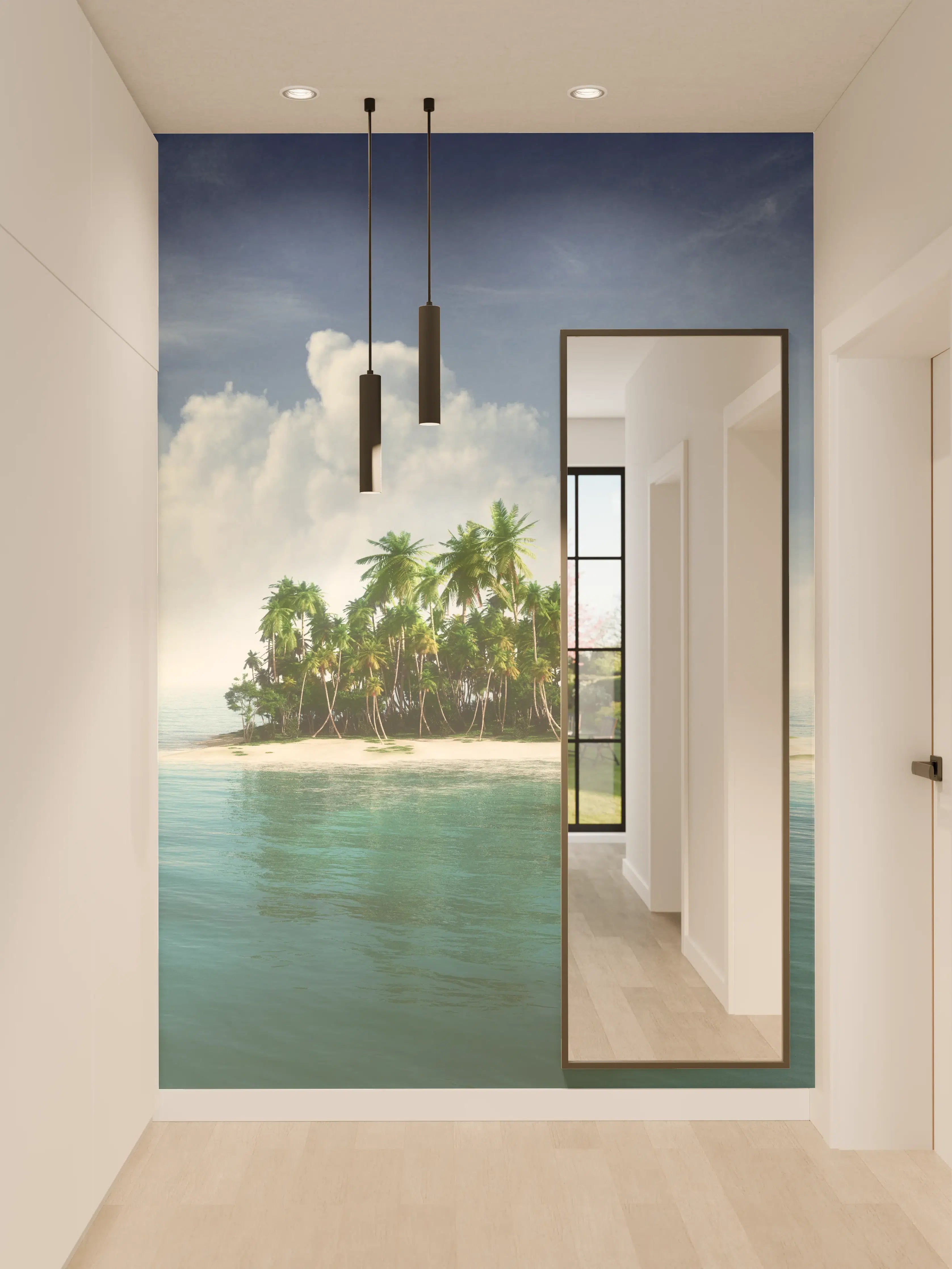 Wandverkleidung Flur - Paradiesische Insel mit Palmen im türkisfarbenen Wasser