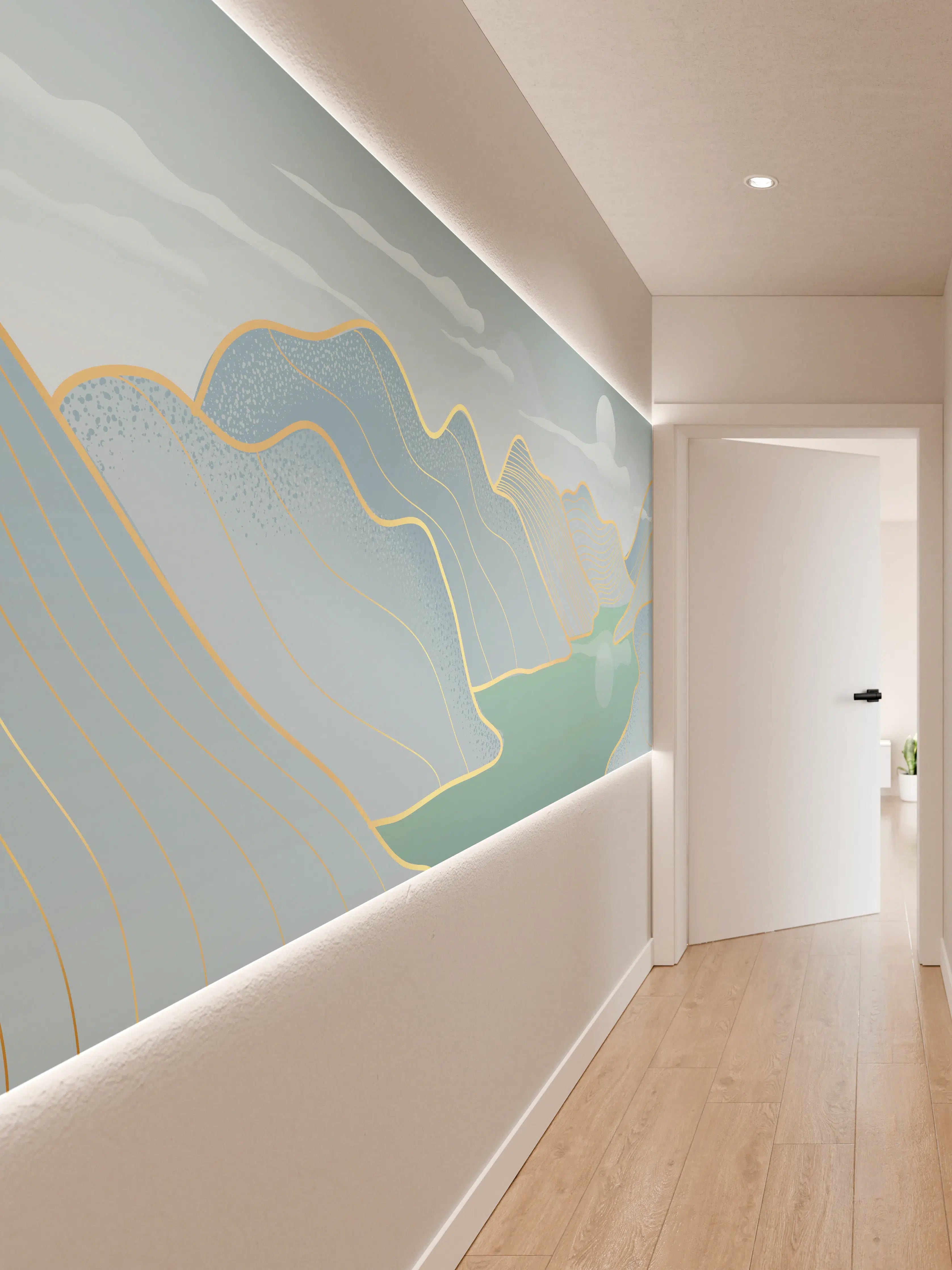 Wandverkleidung Flur - Pastell Berge und See Panorama