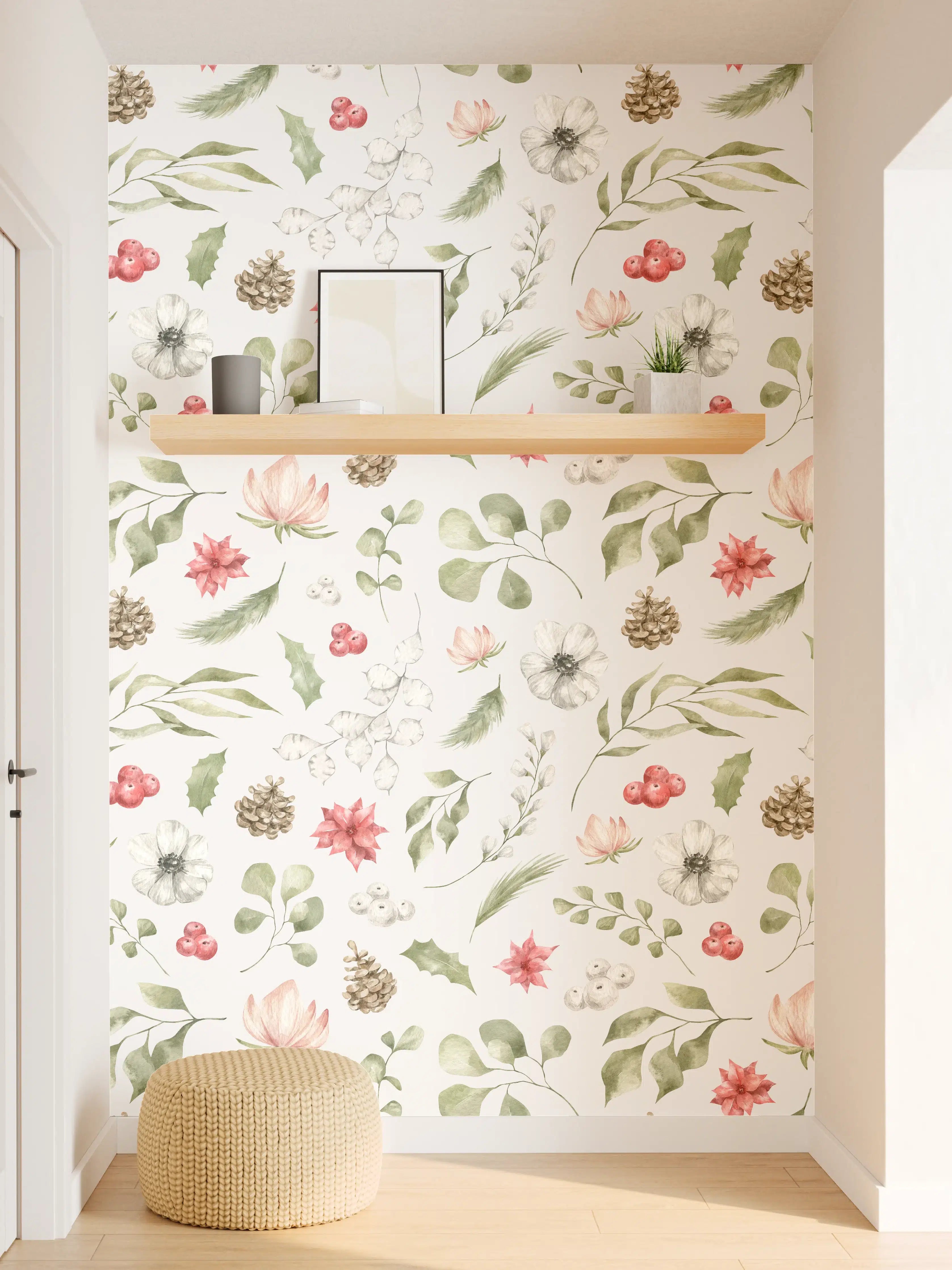 Wandverkleidung Flur - Pastell Blumenmuster Weiß-Grün-Rosa