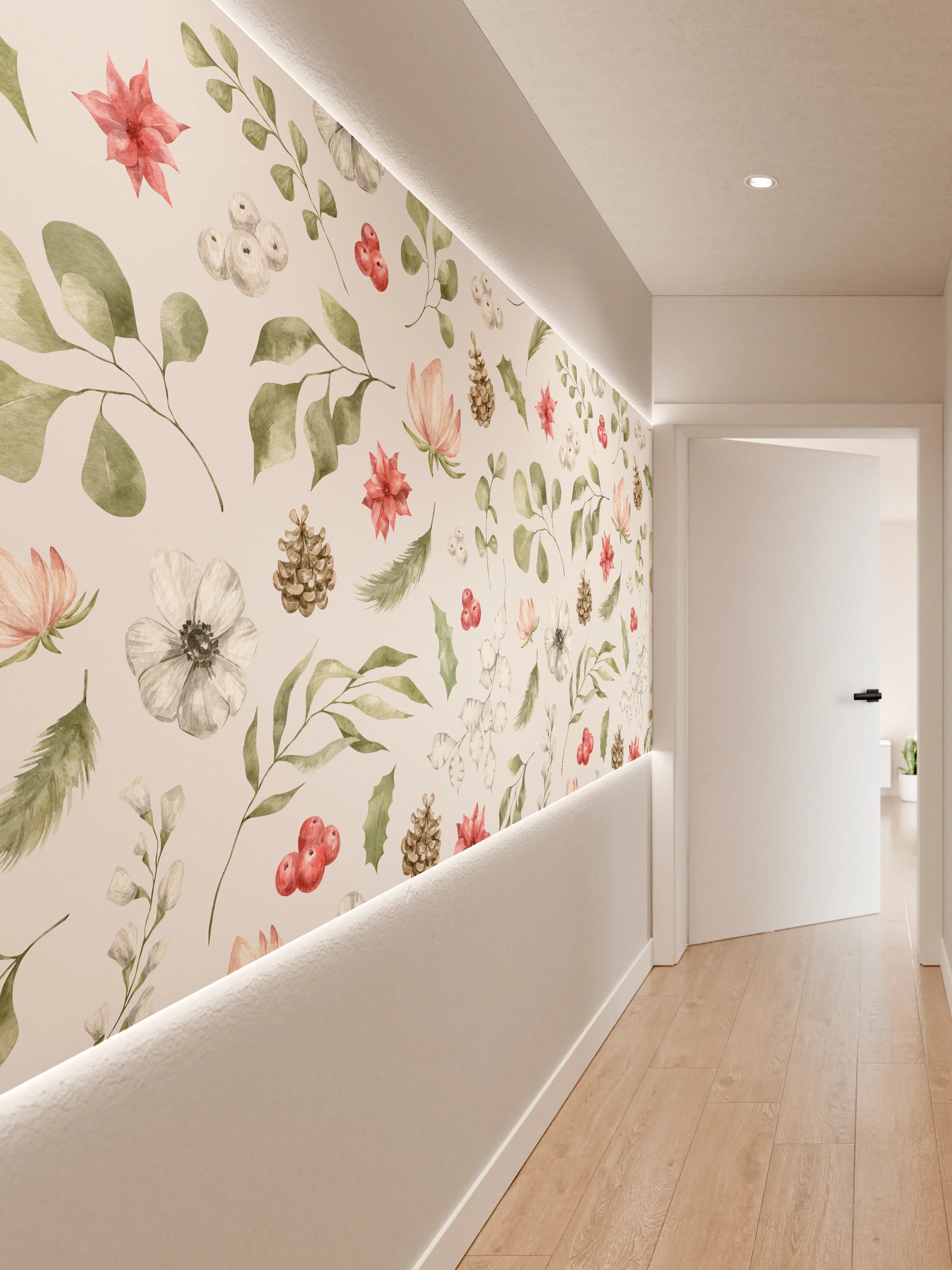 Wandverkleidung Flur - Pastell Blumenmuster Weiß-Grün-Rosa