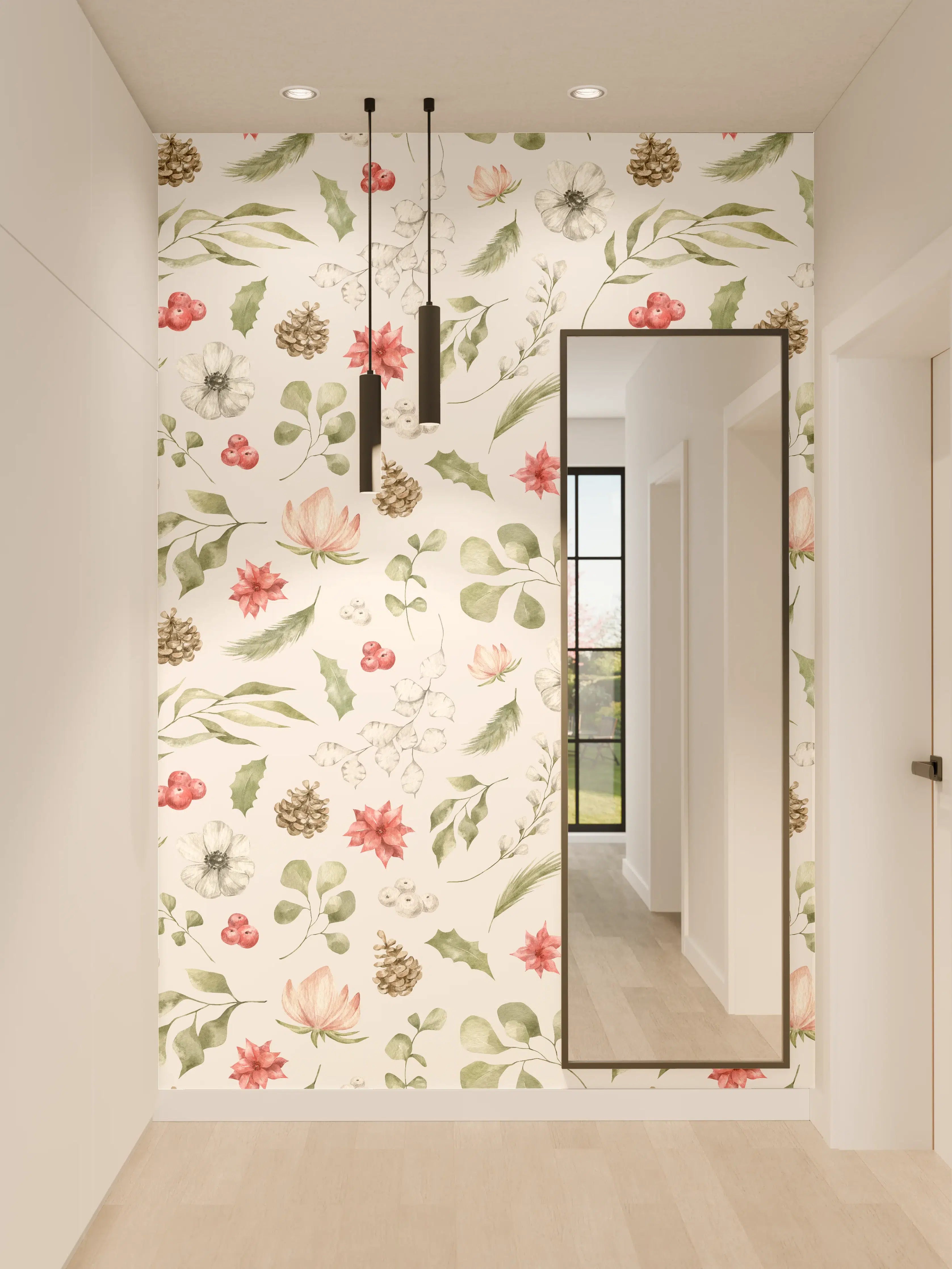 Wandverkleidung Flur - Pastell Blumenmuster Weiß-Grün-Rosa