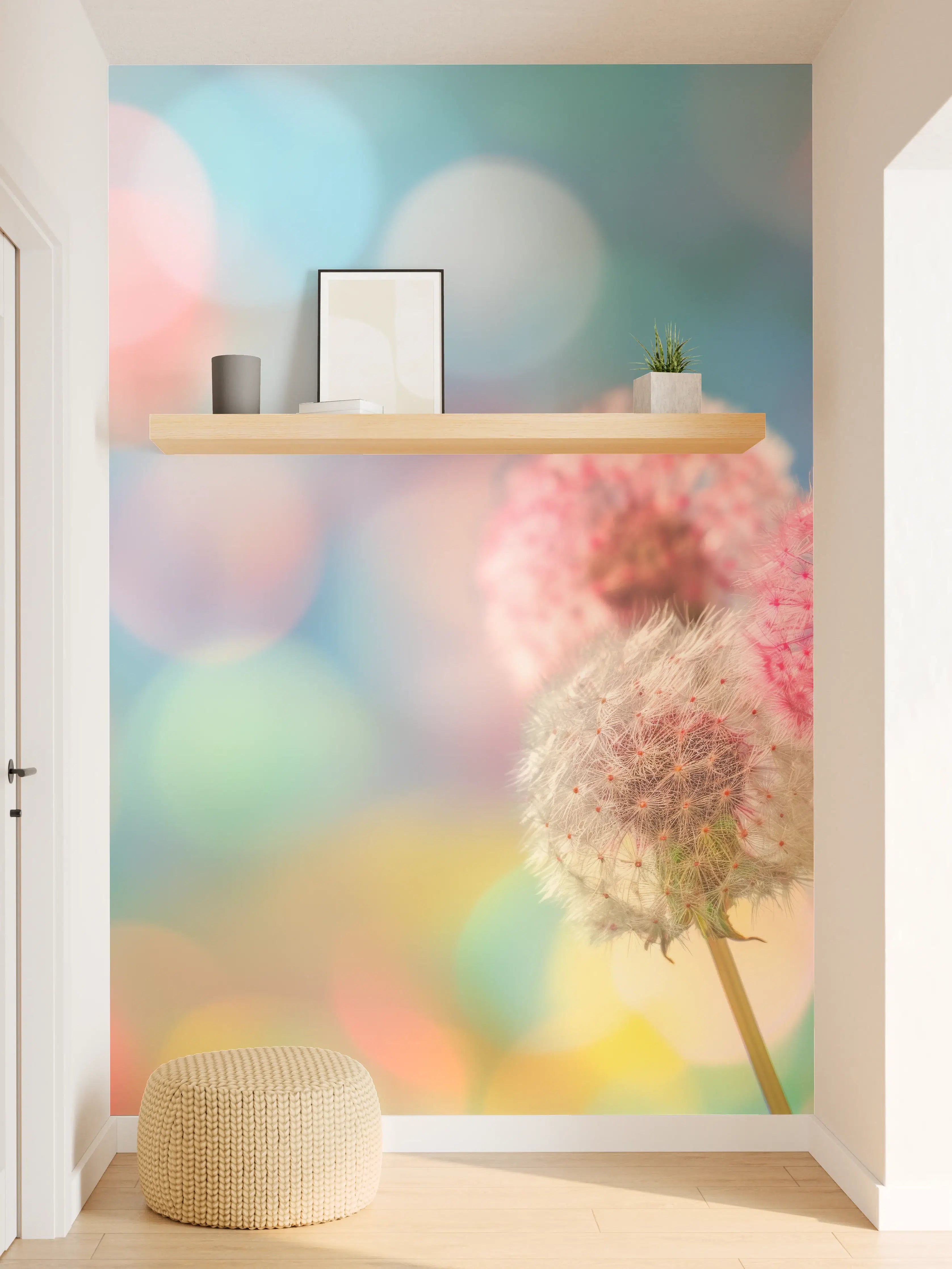 Wandverkleidung Flur - Pastell-Pusteblumen im Bokeh