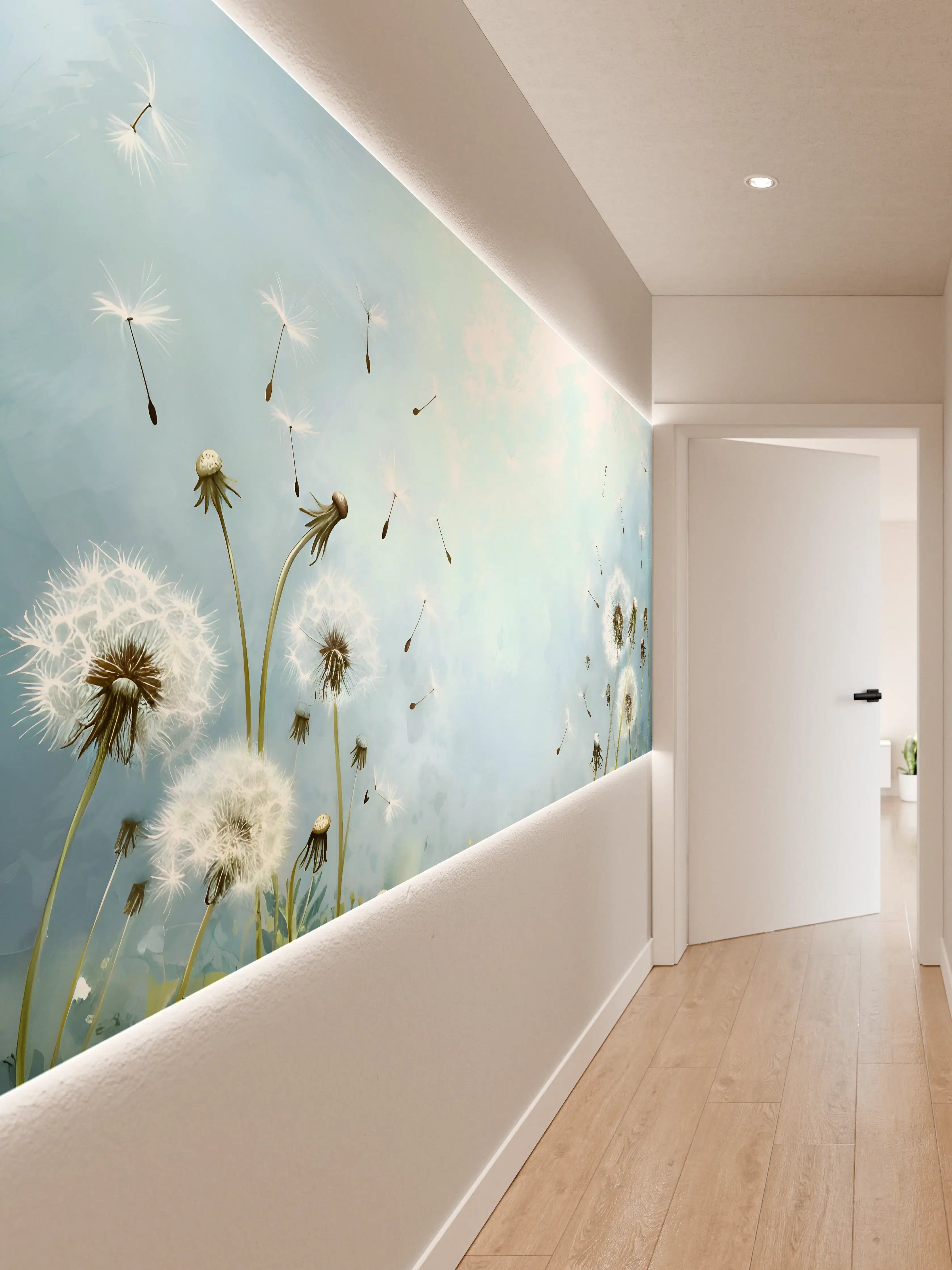 Wandverkleidung Flur - Pusteblumen im blauen Himmel