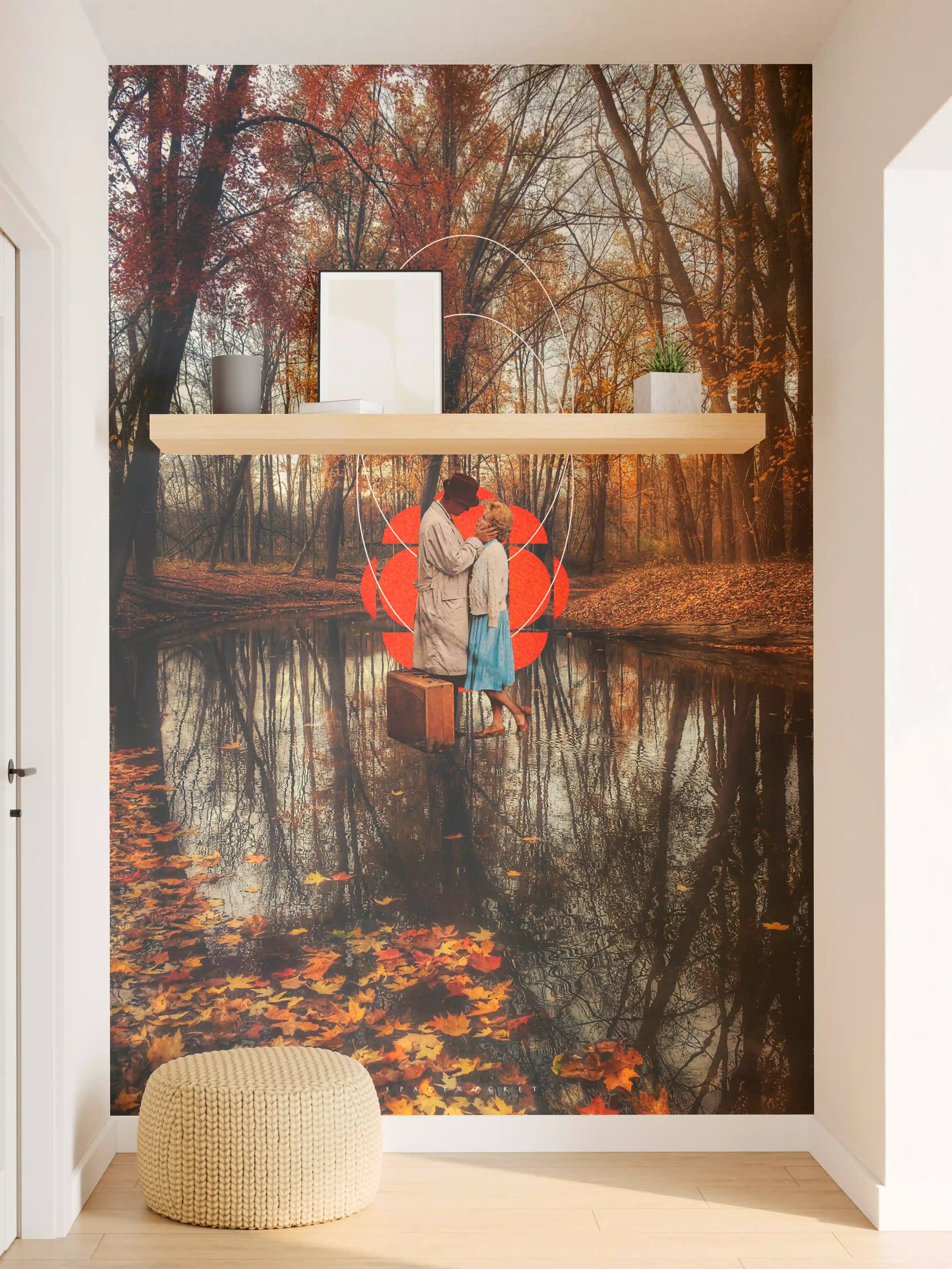 Wandverkleidung Flur - Romantischer Herbstwald mit Pärchen im Wasser