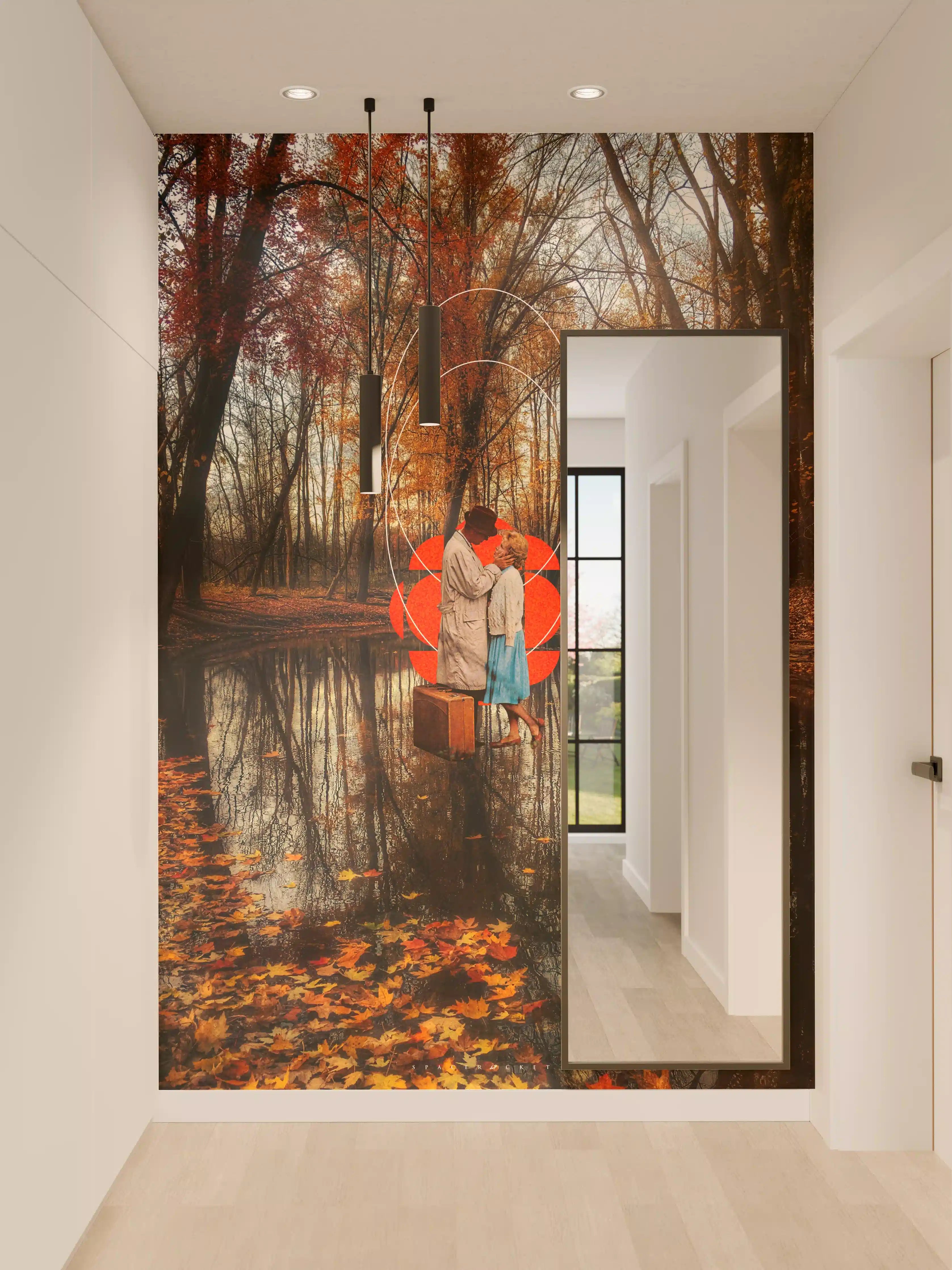 Wandverkleidung Flur - Romantischer Herbstwald mit Pärchen im Wasser