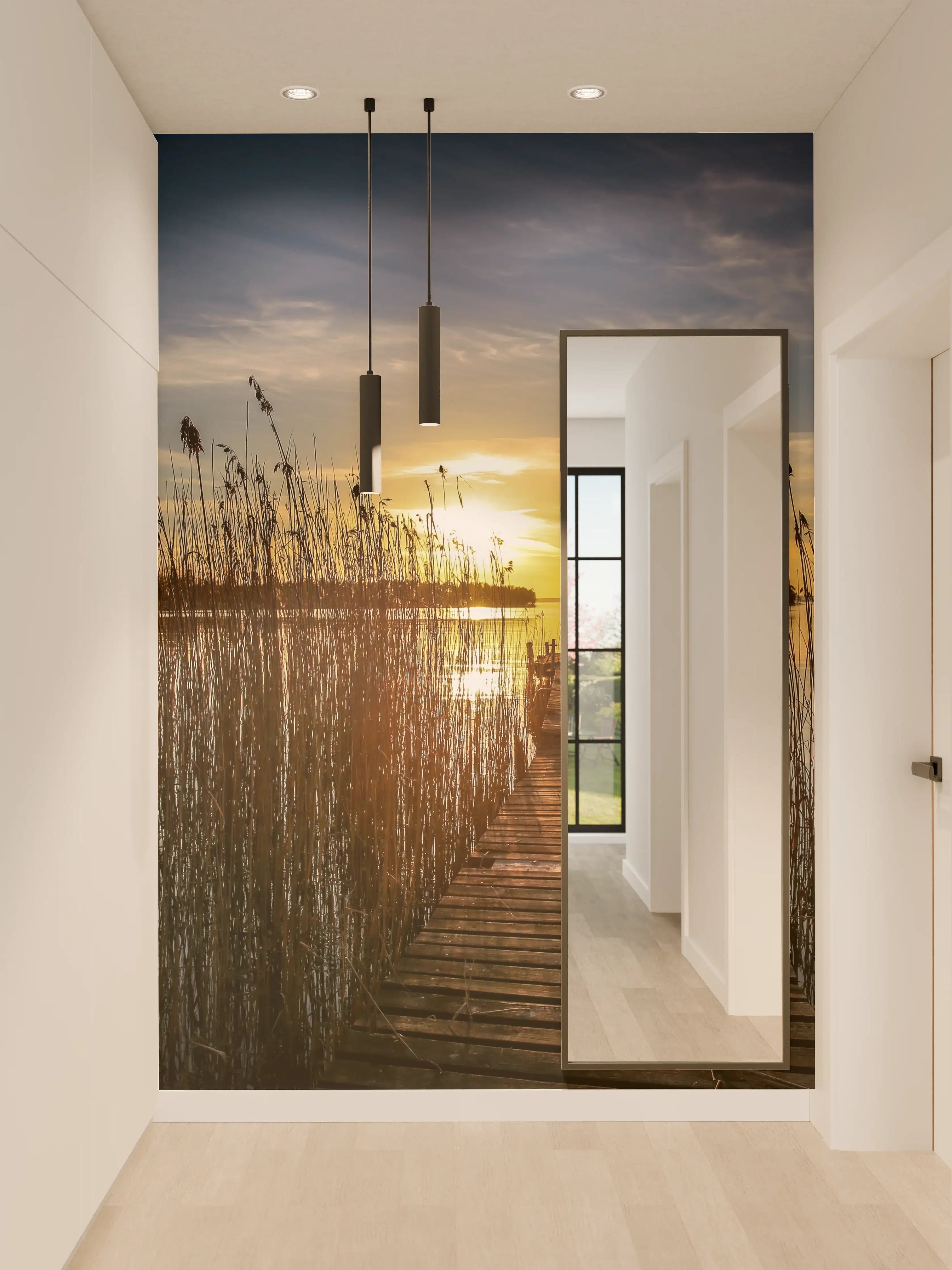 Wandverkleidung Flur - Romantischer Sonnenuntergang am Wasser mit Holzsteg