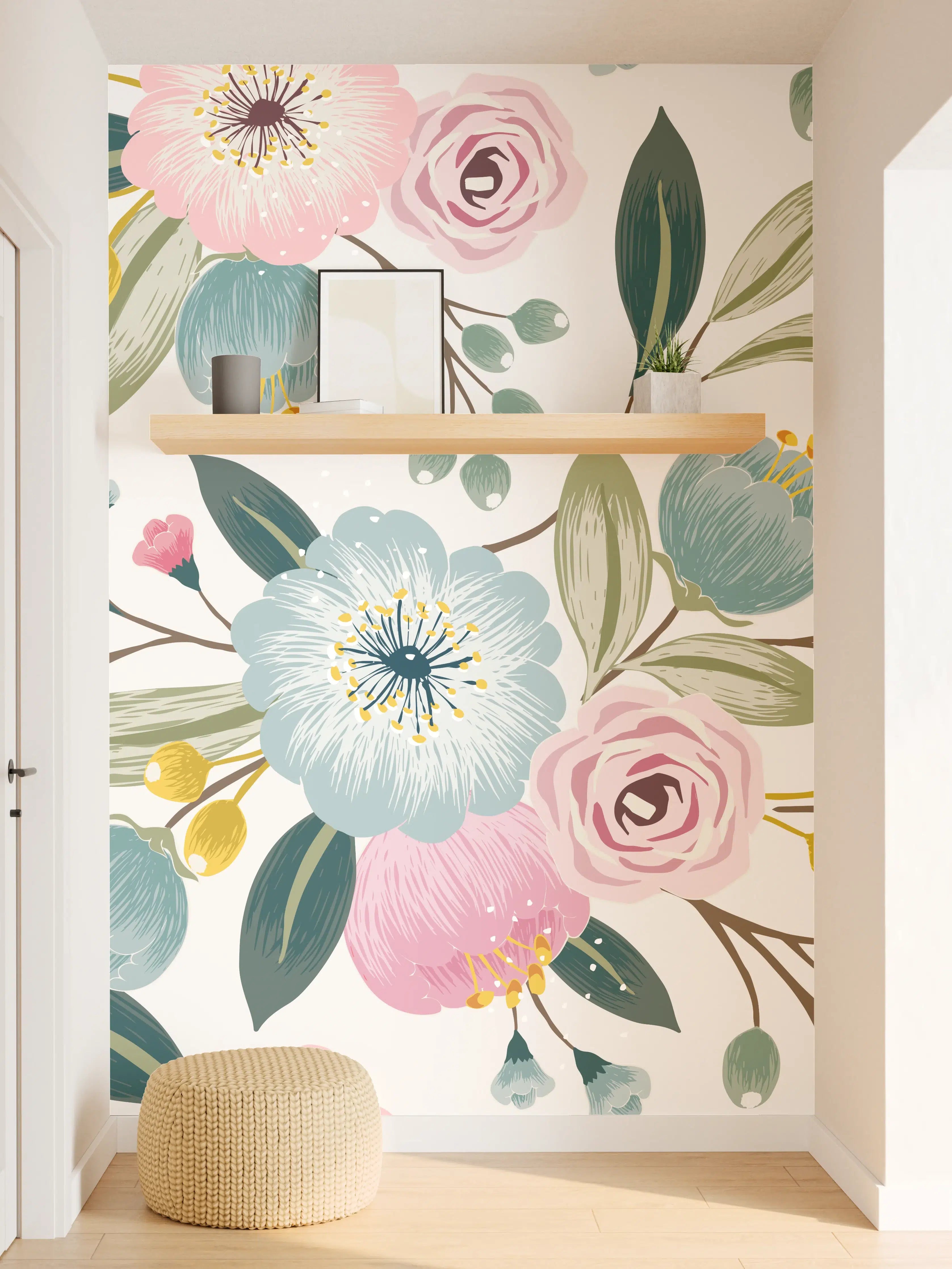 Wandverkleidung Flur - Rosa Blumenmuster Tapete